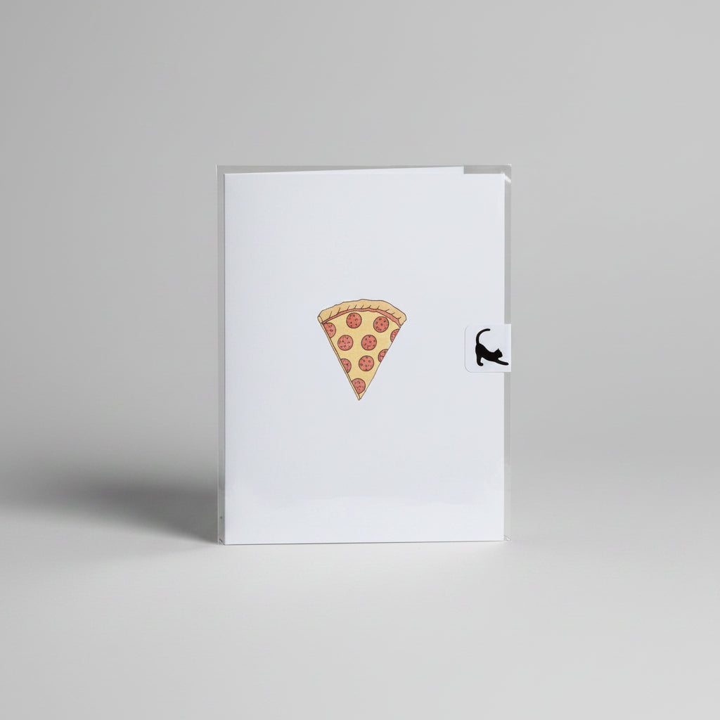 White card with a pizza slice and a cat sticker on a wooden surface