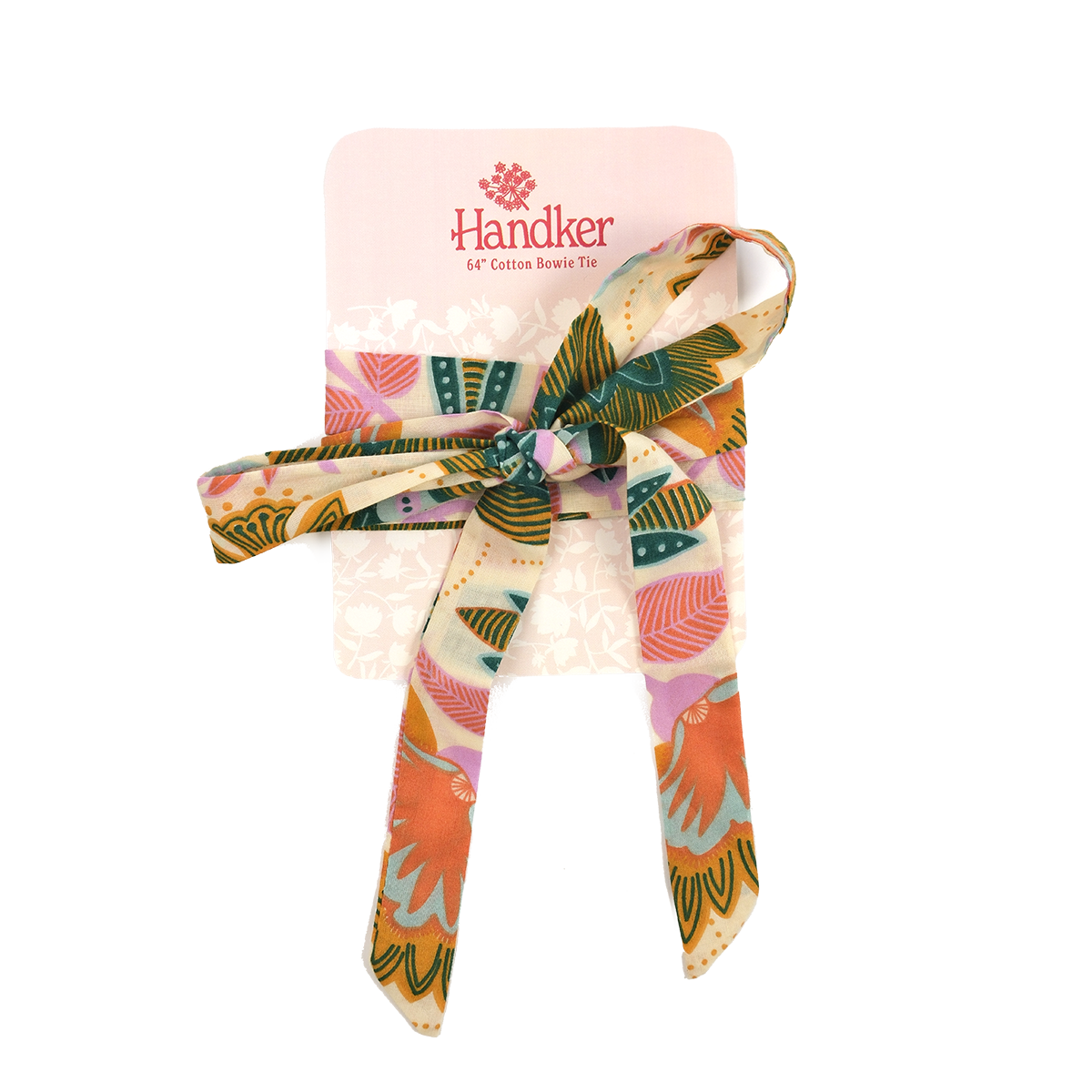 Colorful bow tie with a 'Handker' brand label on a white background