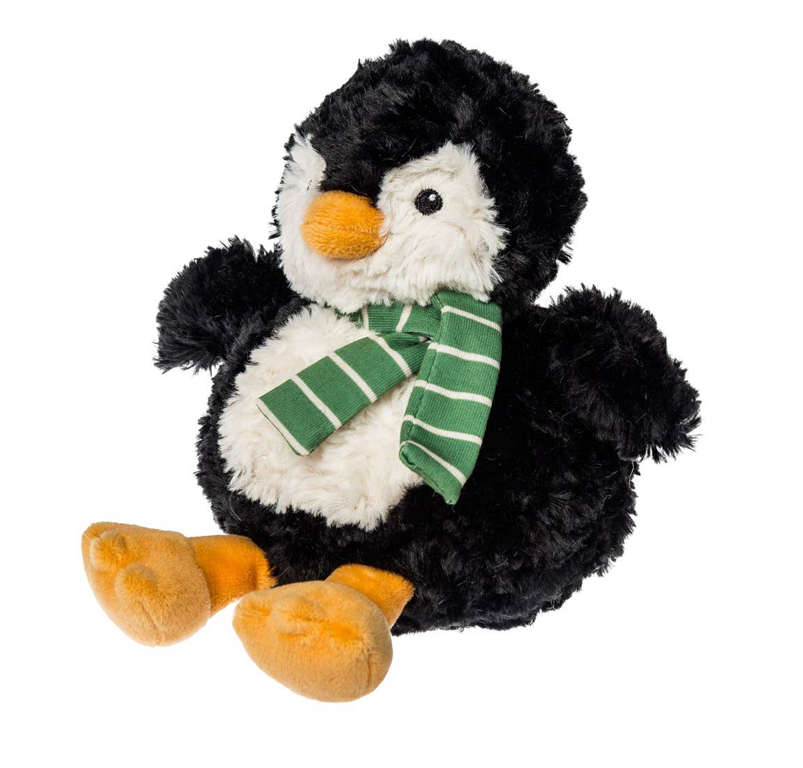 Plush penguin toy with a green scarf on a white background