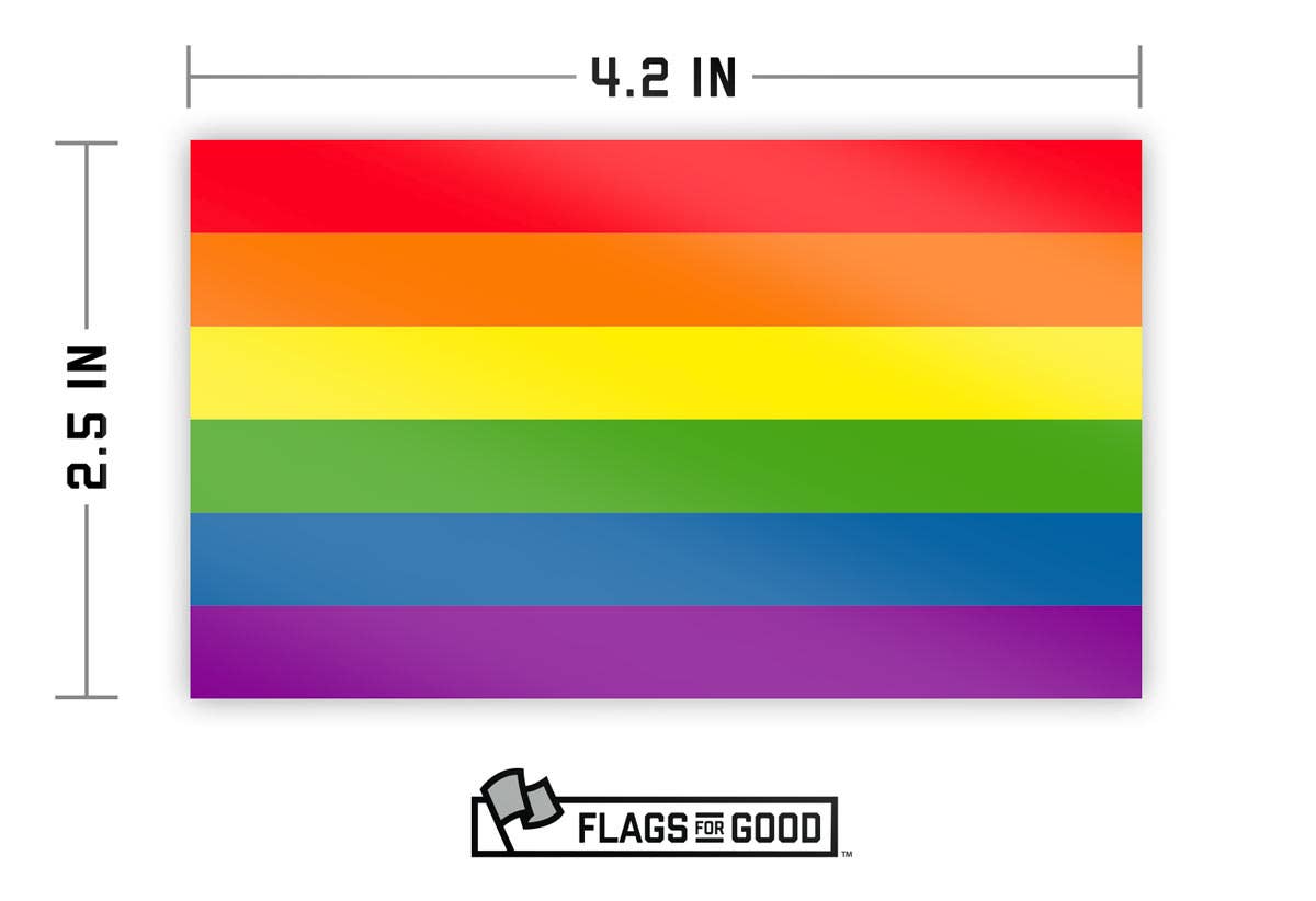 True to the original pride flag design popularized by artist Gilbert Baker in 1978, just in sticker form! Sticker ready for sticking on laptops, water bottles, your car, or anywhere else you can think of. 4.2" x 2.5"