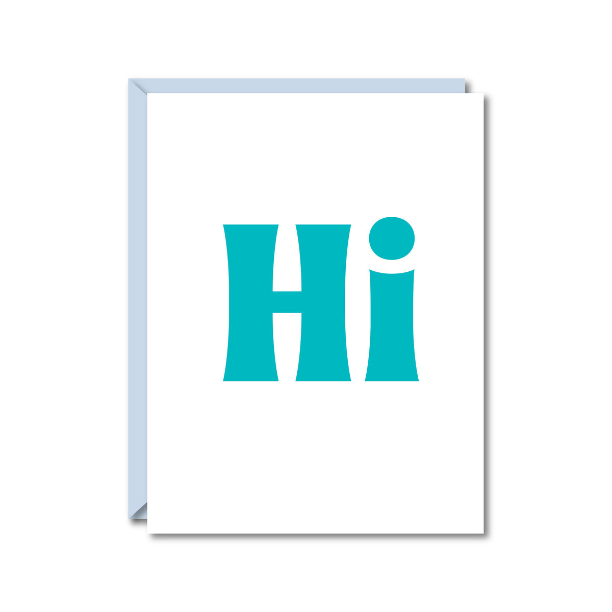 white card with "Hi" in a blue font