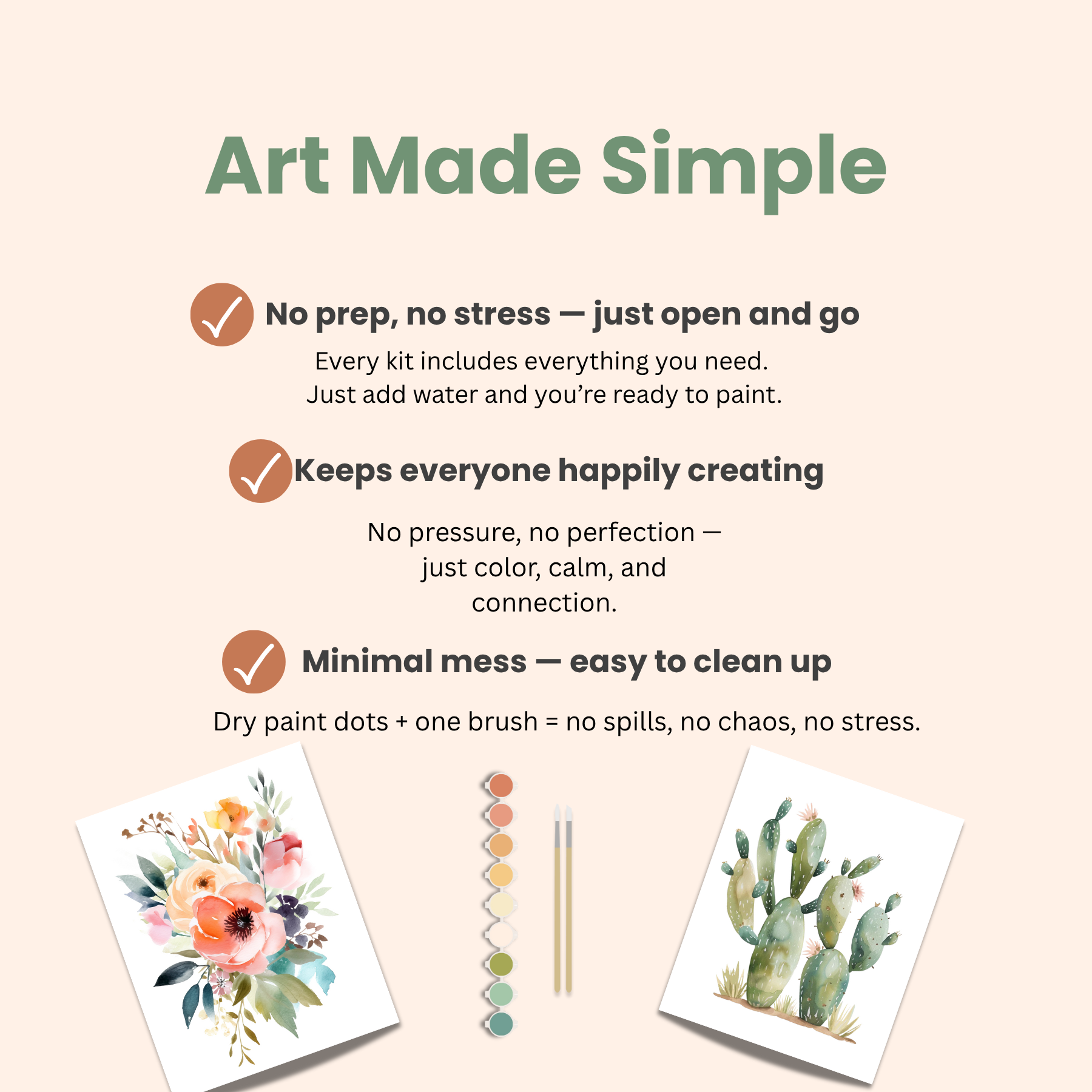 Promotional graphic for 'Art Made Simple' with two painted cards and text about the product features.