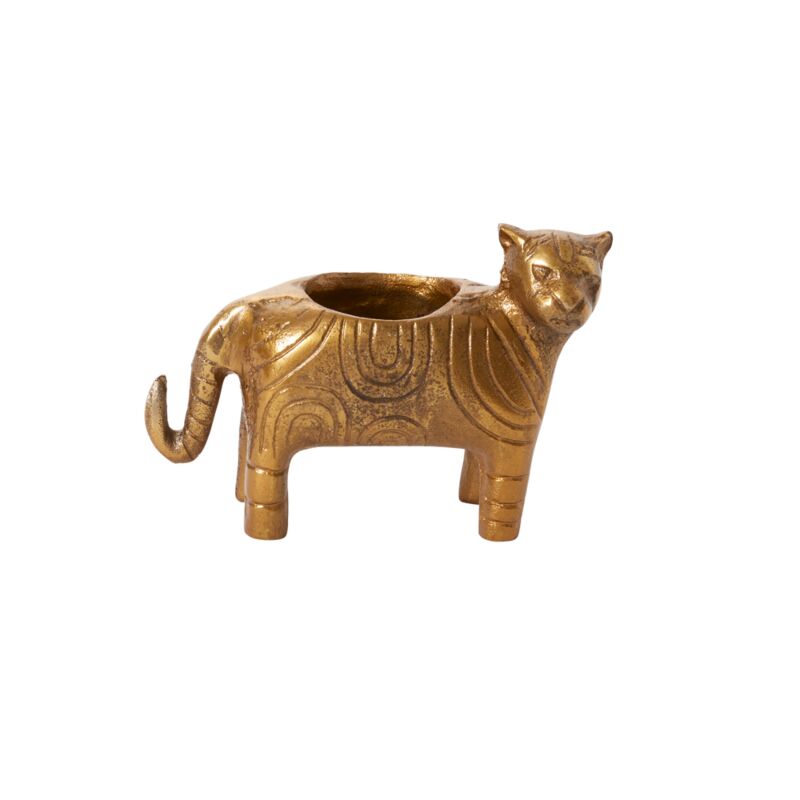 Behold the whimsical charm of the Tiger Pot, a recycled cast aluminum curiosity. This watertight piece is designed to fit a 2-inch drop-in pot, or it can be used as a decorative piece with an air plant or nothing at all on a desk or bookshelf. Crafted from a hand-carved mold, this sculptural vessel with its antique gold finish showcases handcrafted artistry & timeless beauty in every detail.