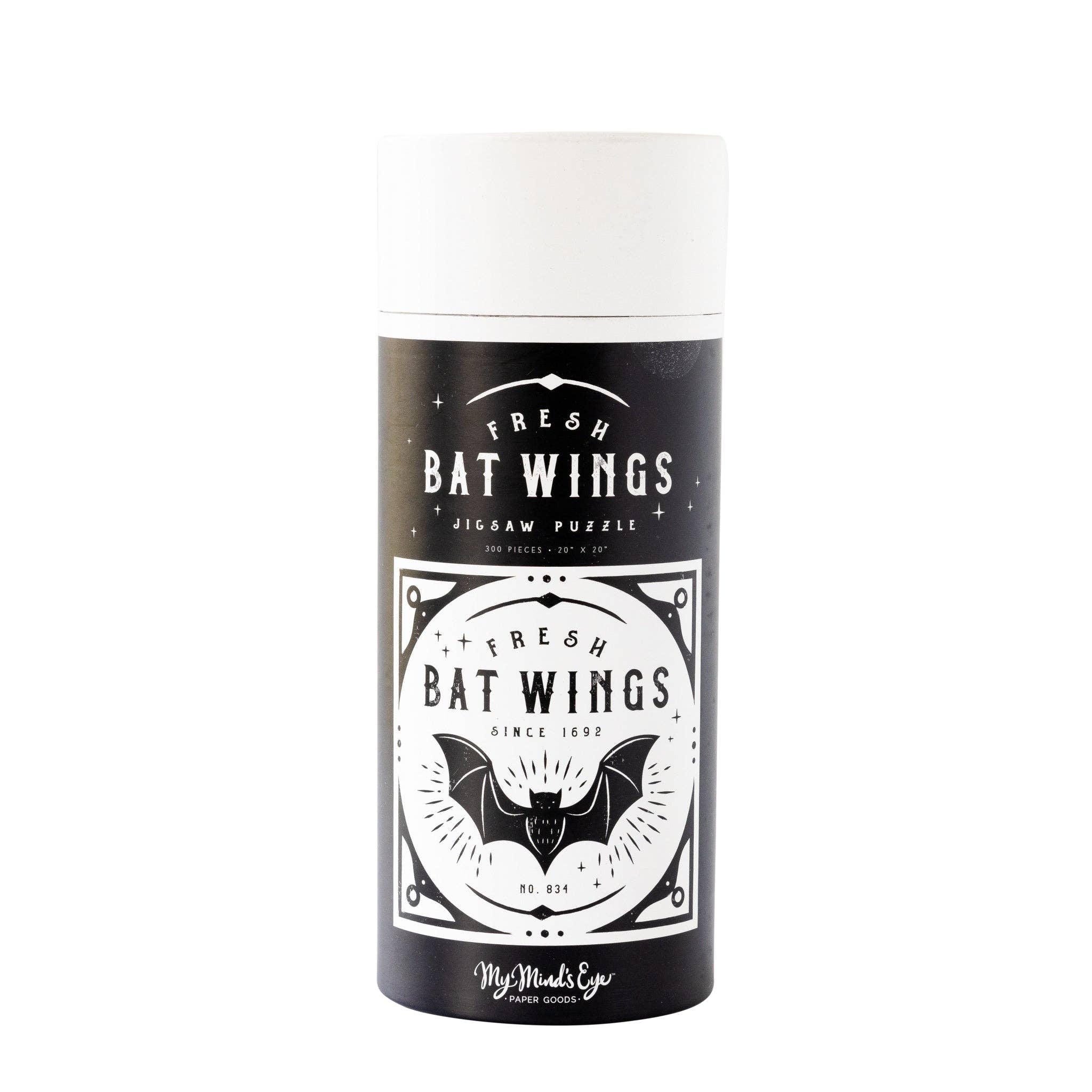 A cylindrical black and white puzzle box for 'Fresh Bat Wings Jigsaw Puzzles' by MyMindsEye, featuring a bat illustration on the front label.