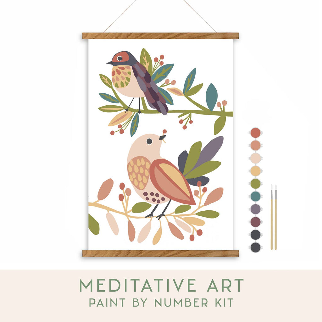 Birds Meditative Art Paint by Numbers: Embrace your creativity  Whether you paint alone as a therapeutic form of self care, or you paint in a group, our meditative art kits will help you tap into your inner creative, quiet the mind and and find deep relaxation.  These kits also make the perfect activity for group settings, such as friend gatherings, paint and sips, bridal showers, bachelorette parties and other more. Host your own event for your community in your own space!