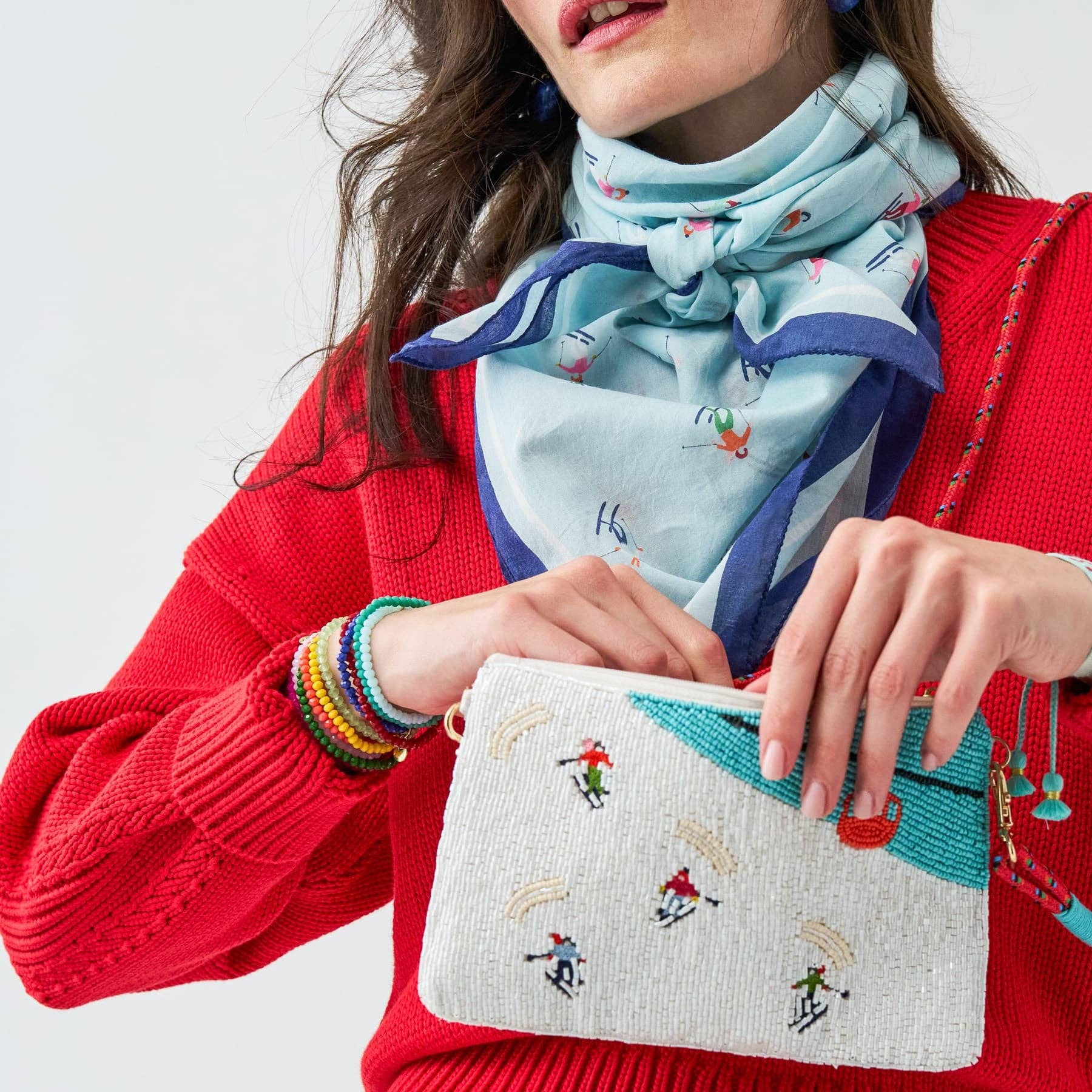 Leila Skier Seed Bead Clutch With Strap