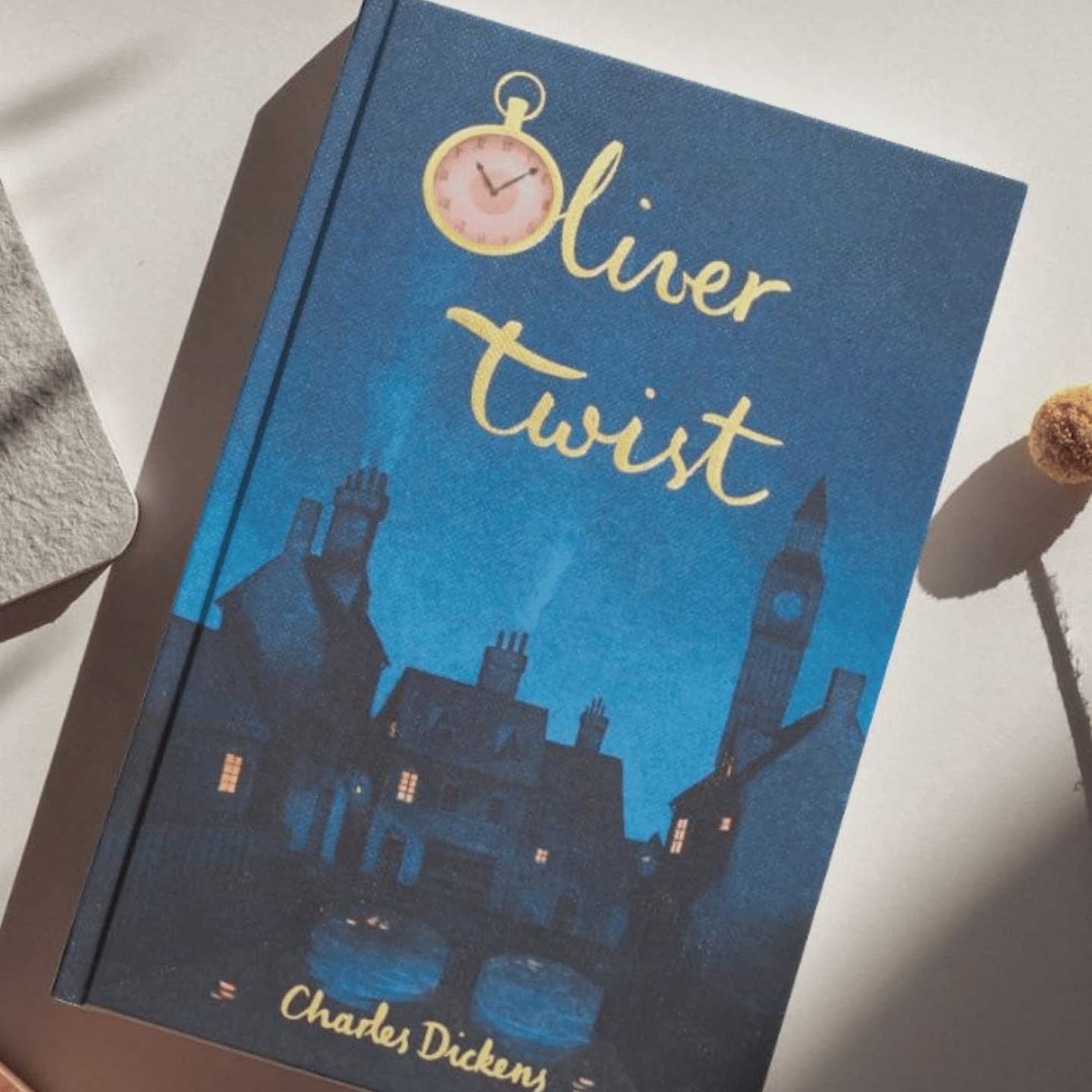 Book titled 'Oliver Twist' by Charles Dickens with a blue cover featuring a silhouette of a cityscape.
