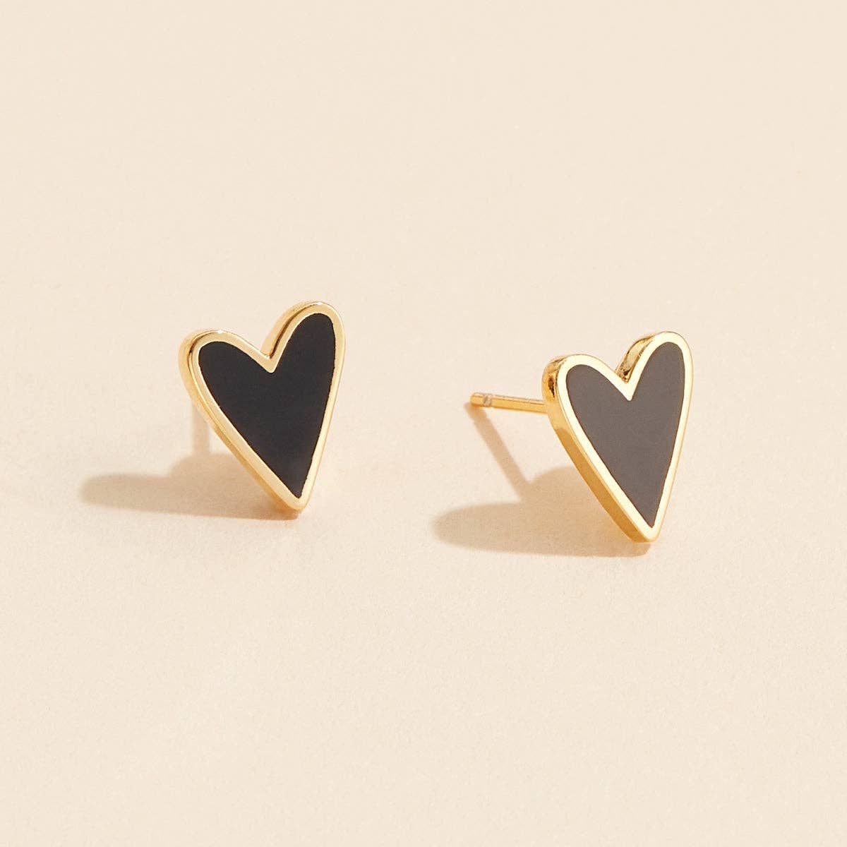 Enamel Heart 18K Gold Dip Stud Earrings - Black