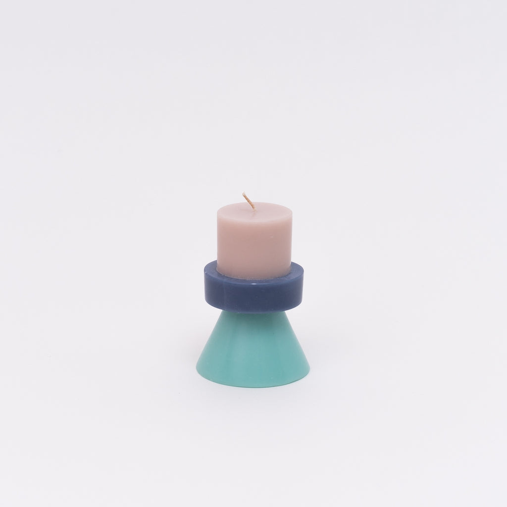 The colors of these stack candles have been carefully chosen to create a playful combination. All of the candles are individually hand poured by skilled fair trade artisans layer by layer to form the multi colored effect.     Color  Nude / Powder blue / Celeste