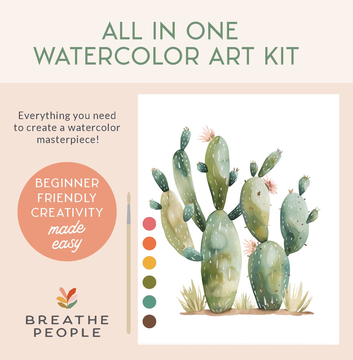 Watercolor art kit with cactus illustration and branding on a beige background