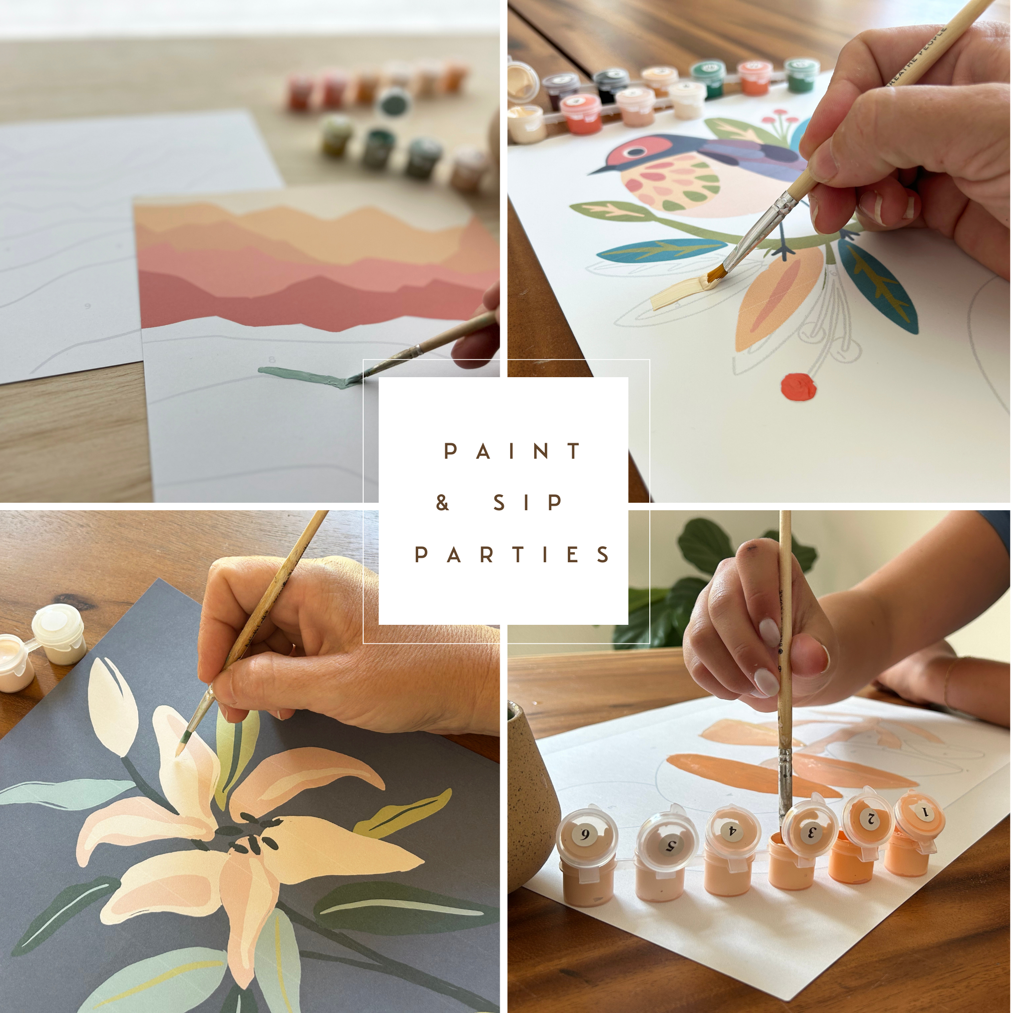 Collage of paint and sip party activities with people painting floral designs on paper.