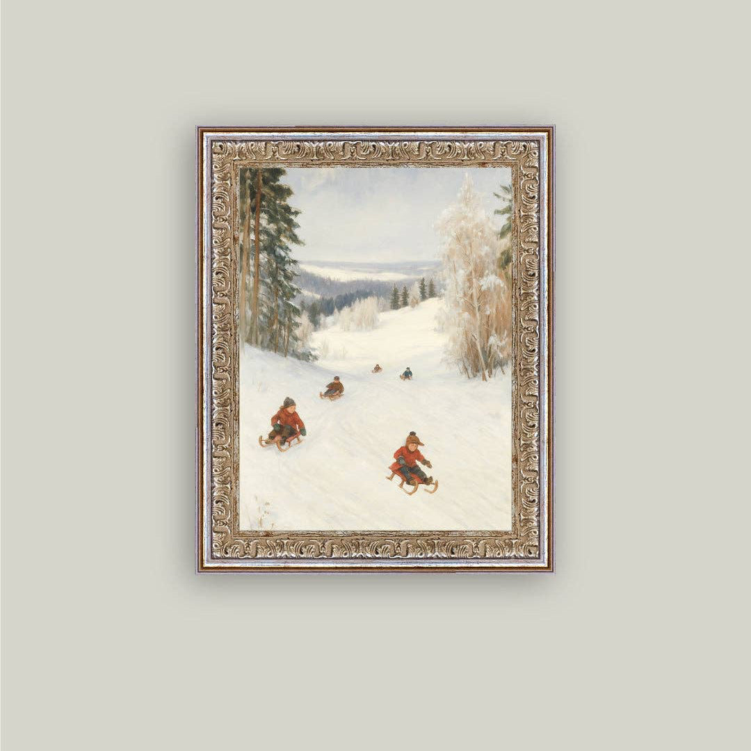 Capture the joy of winter adventures with this charming antique-style framed art depicting a classic sledding scene. Perfect for adding nostalgic warmth to any room, this piece celebrates the simple pleasures of snowy days and outdoor fun. The vintage aesthetic brings timeless character to your décor, evoking cherished memories of carefree sledding moments. Whether you're decorating a child's room, cabin, or creating a cozy winter-themed space, this framed artwork serves as a delightful reminder. 8 x10.