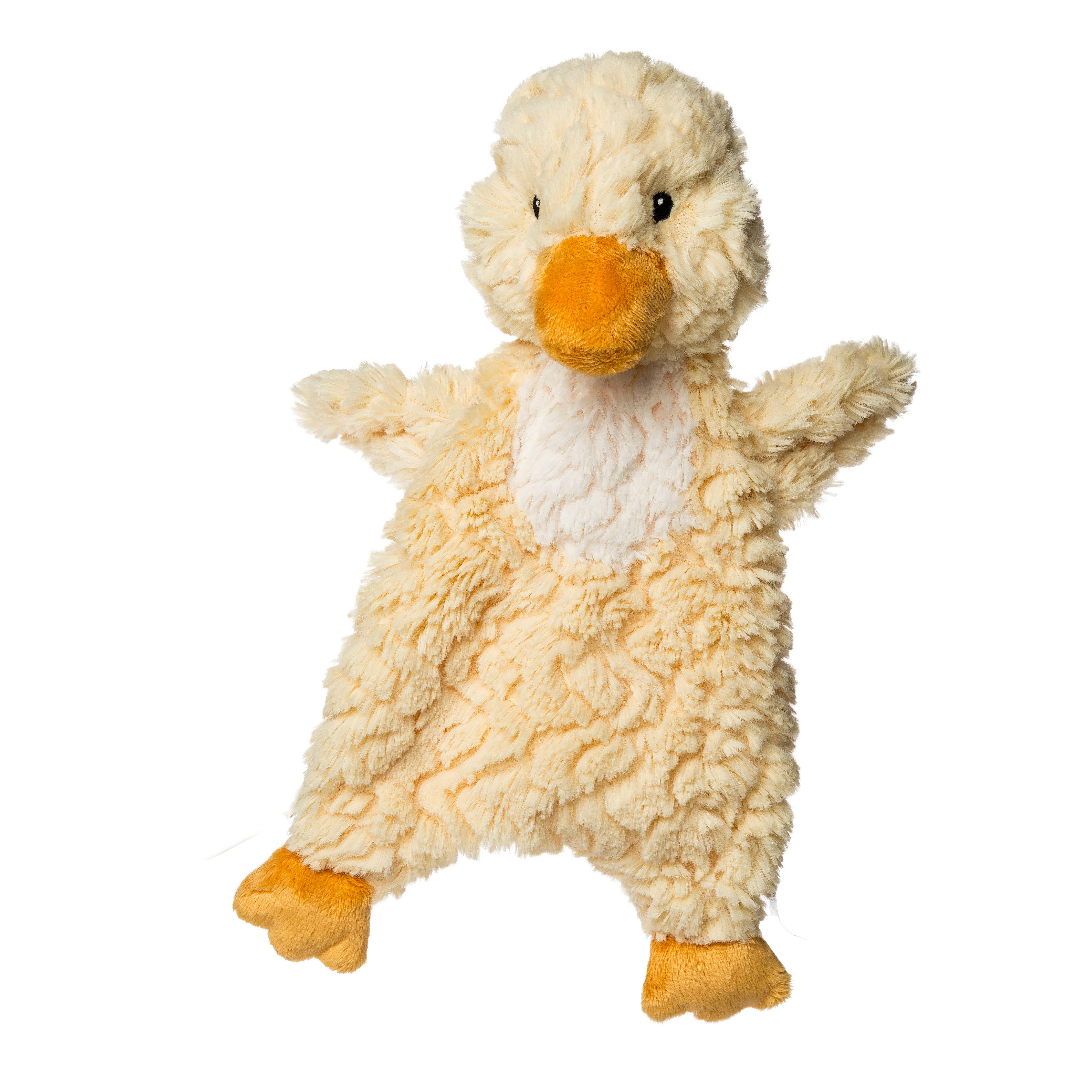 This Putty Duck is a comforting, huggable cuddle toy with luxurious, textured fabrics in light yellow and white. It features embroidered eyes for total softness and an orange bill and feet. This cutie is 11 inches head to toe.
So much fun for little hands to grab onto, this lovey has a stuffed head, a relaxed and floppy under stuffed body, and a weighted bum
One of the nest features is that it is machine washable! Care for by washing in cold water on gentle cycle, air dry; soft toy made to strict quality