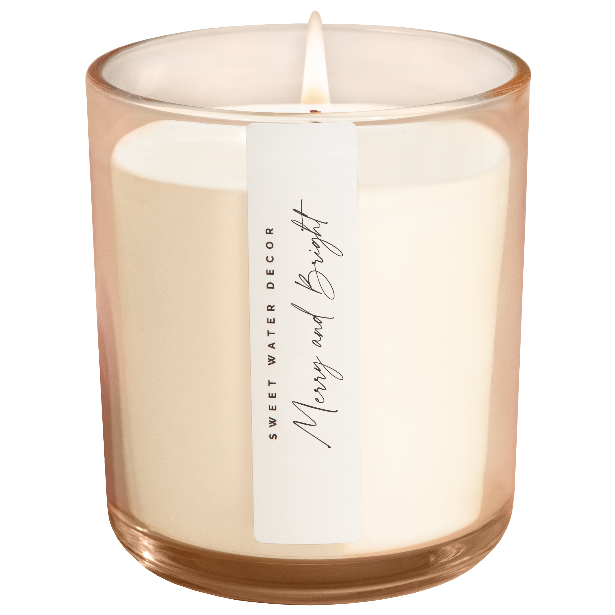 Candle in a clear glass jar with a label on a white background