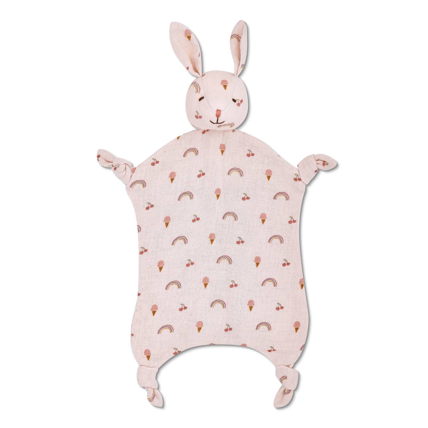 This adorable Muslin Bunny Lovey in a sweet Rainbows & Ice Cream print is the perfect cuddly companion for your little one. Made of soft and breathable muslin fabric, this lovey is gentle on baby's skin and provides comfort and security. A must-have for any nursery or on-the-go adventures.