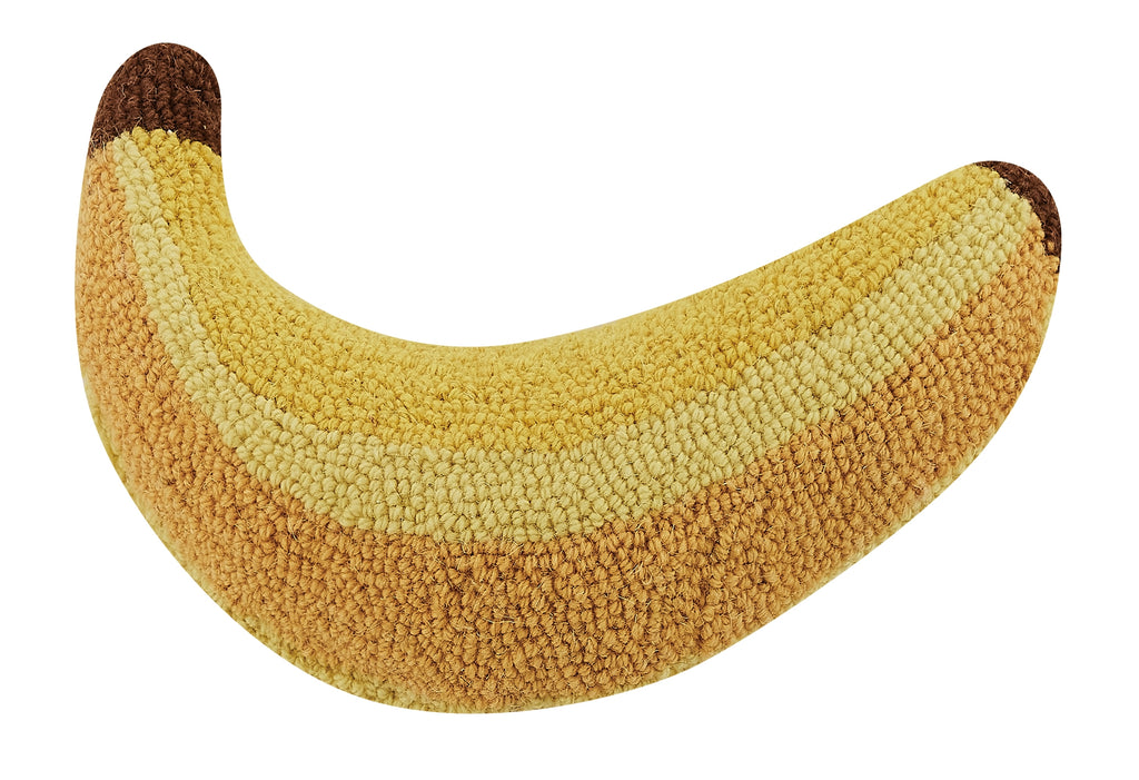 Add a playful touch to any room with this fun Banana Shaped Hook Pillow! It's perfect for adding whimsy, charm, and loads of personality. This unique pillow will have you hooked!     Description  100% wool hooked rectangular accent pillow  100% cotton velvet backing  Includes polyester insert, zipper closure       Size  12X12" throw pillow