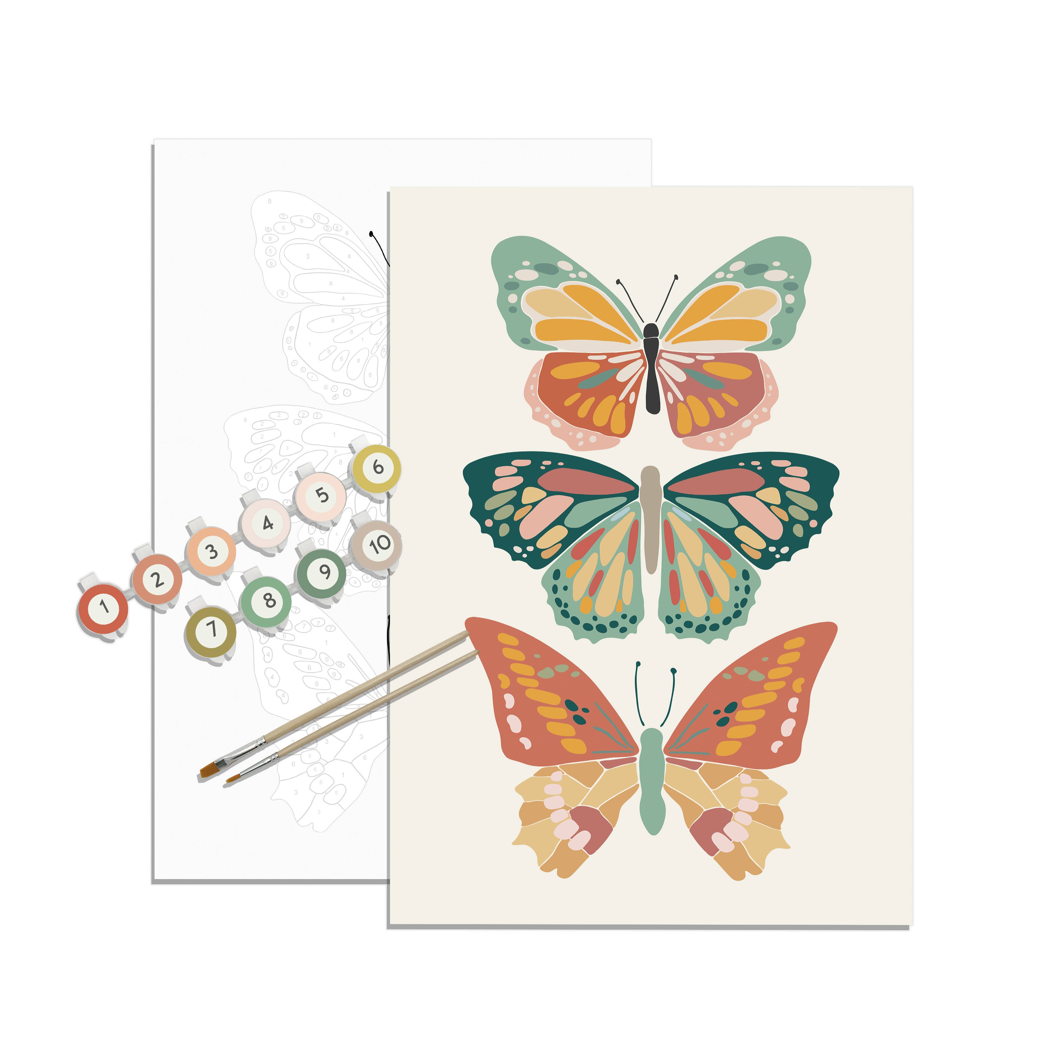 Greeting card with colorful butterfly design and paintbrush on a white background