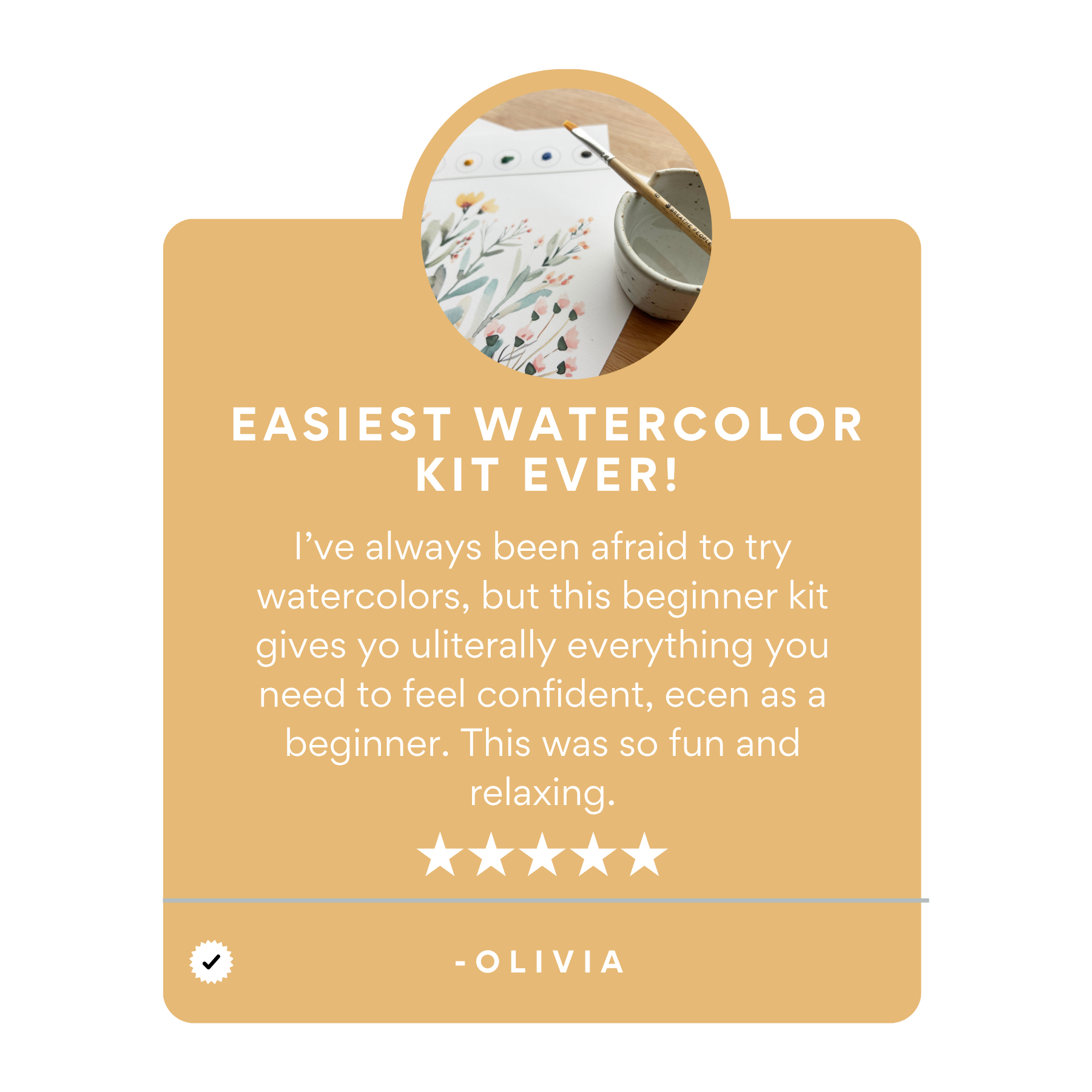 Watercolor kit with a circular inset showing art supplies and a five-star review on a yellow background.