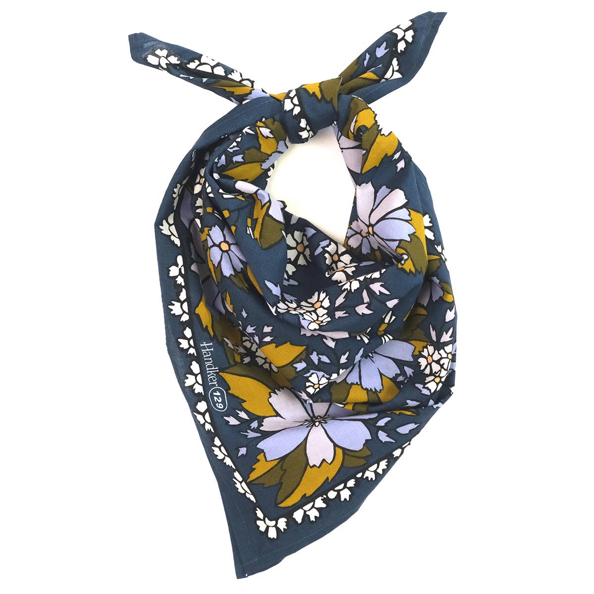 Dark blue background with purple and lilac flowers with green leaves handkerchief.