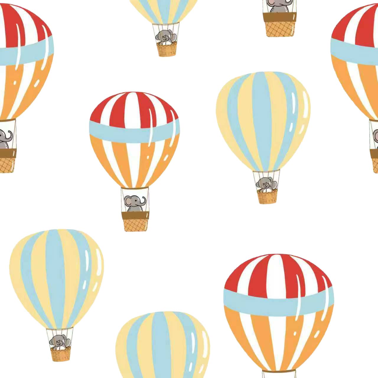 Pattern of colorful hot air balloons with elephants on a white background