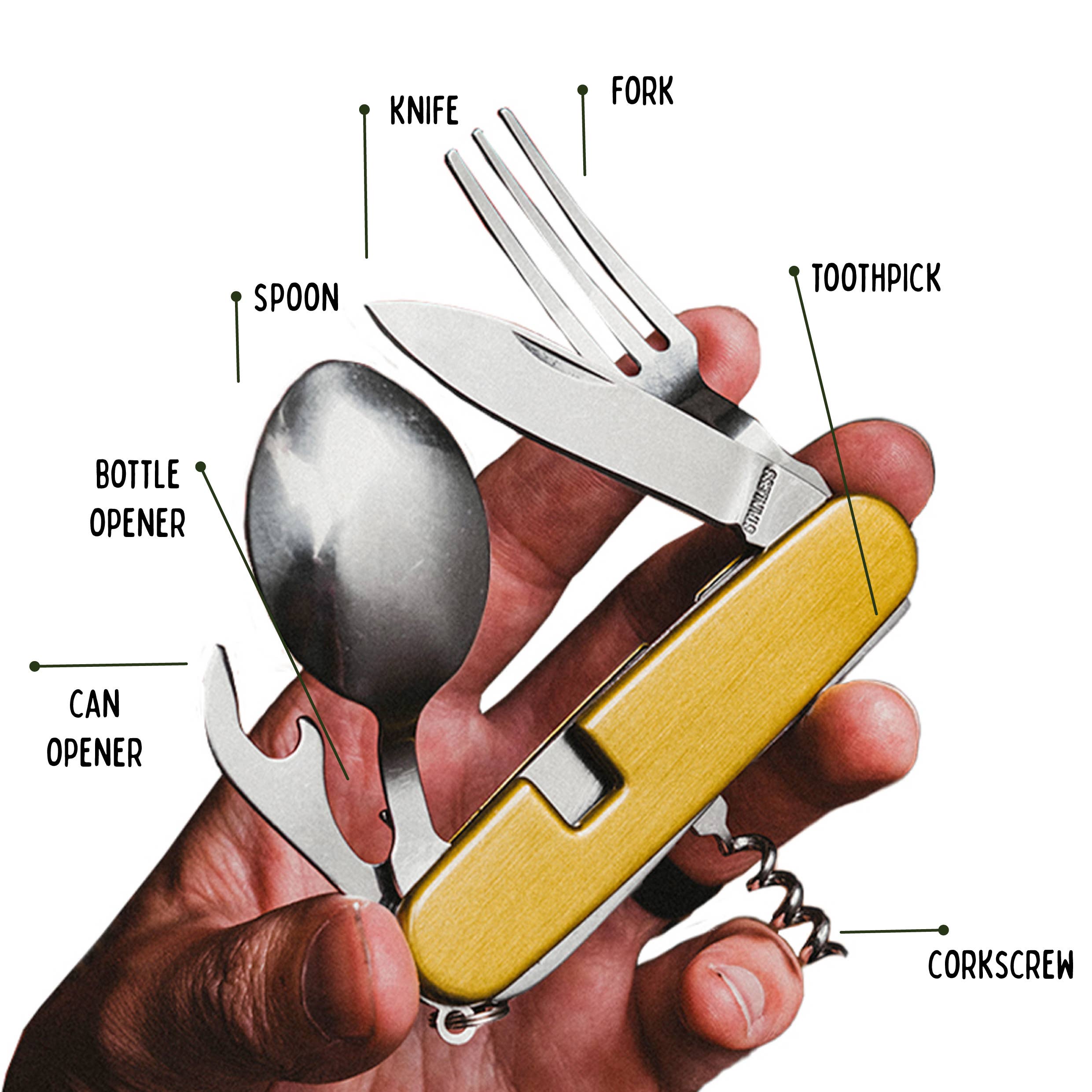 Multitool with knife, fork, spoon, bottle opener, can opener, toothpick, and corkscrew labeled on a white background.