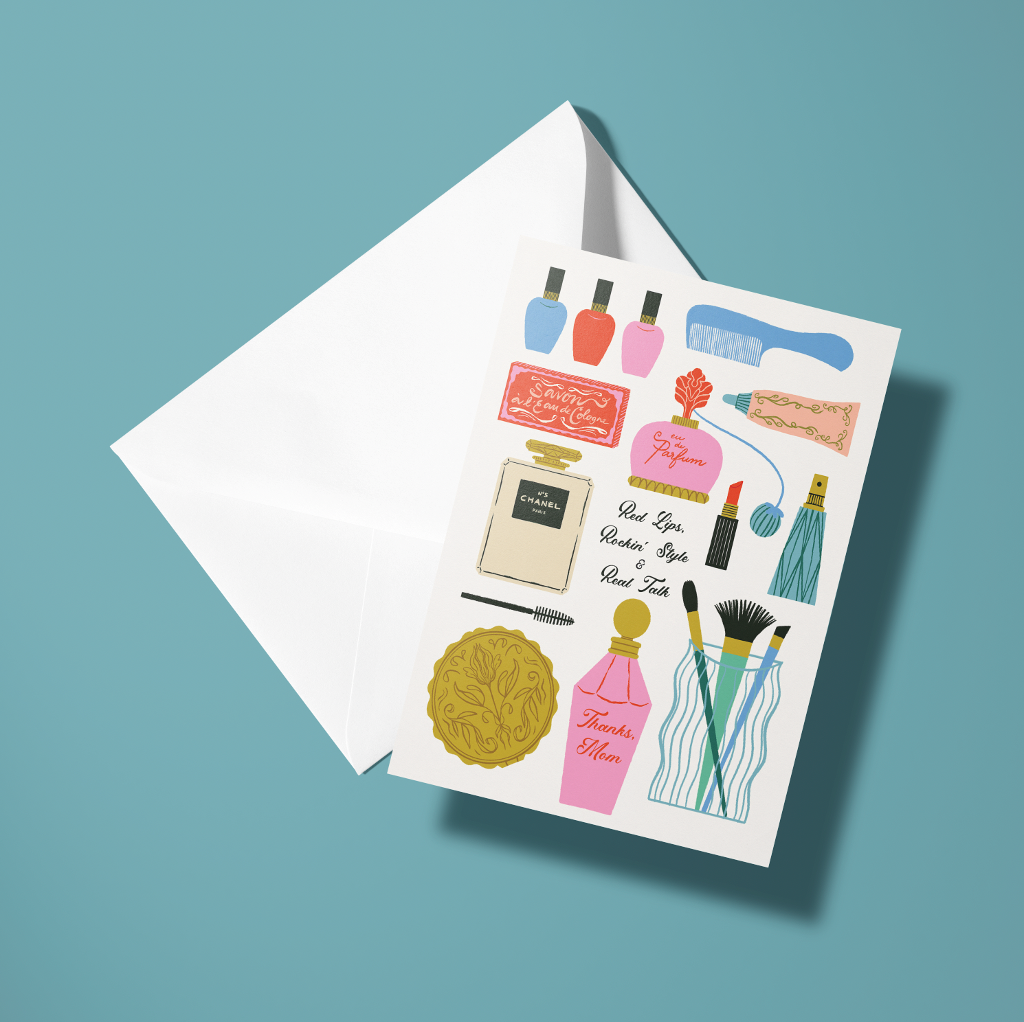 Greeting card with cosmetic illustrations on a white envelope against a blue background