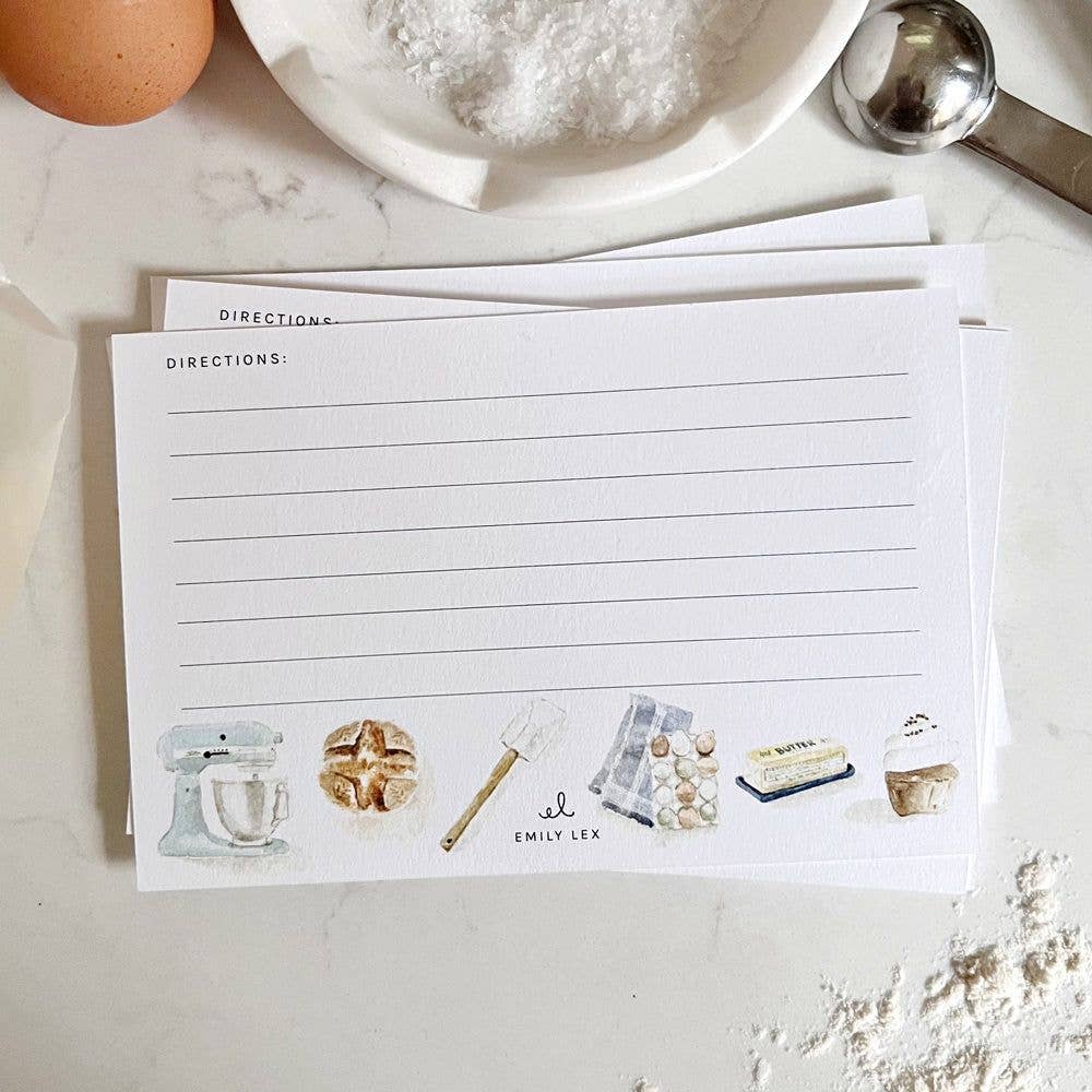 Write down your favorite recipes on the Baking Recipe Cards. There are 12 cards with space for ingredients on one side and instructions on the back.
Details
Set of 12 recipe cards
4" x 6"
Printed on eggshell textured paper
Original watercolor artwork by Emily Lex