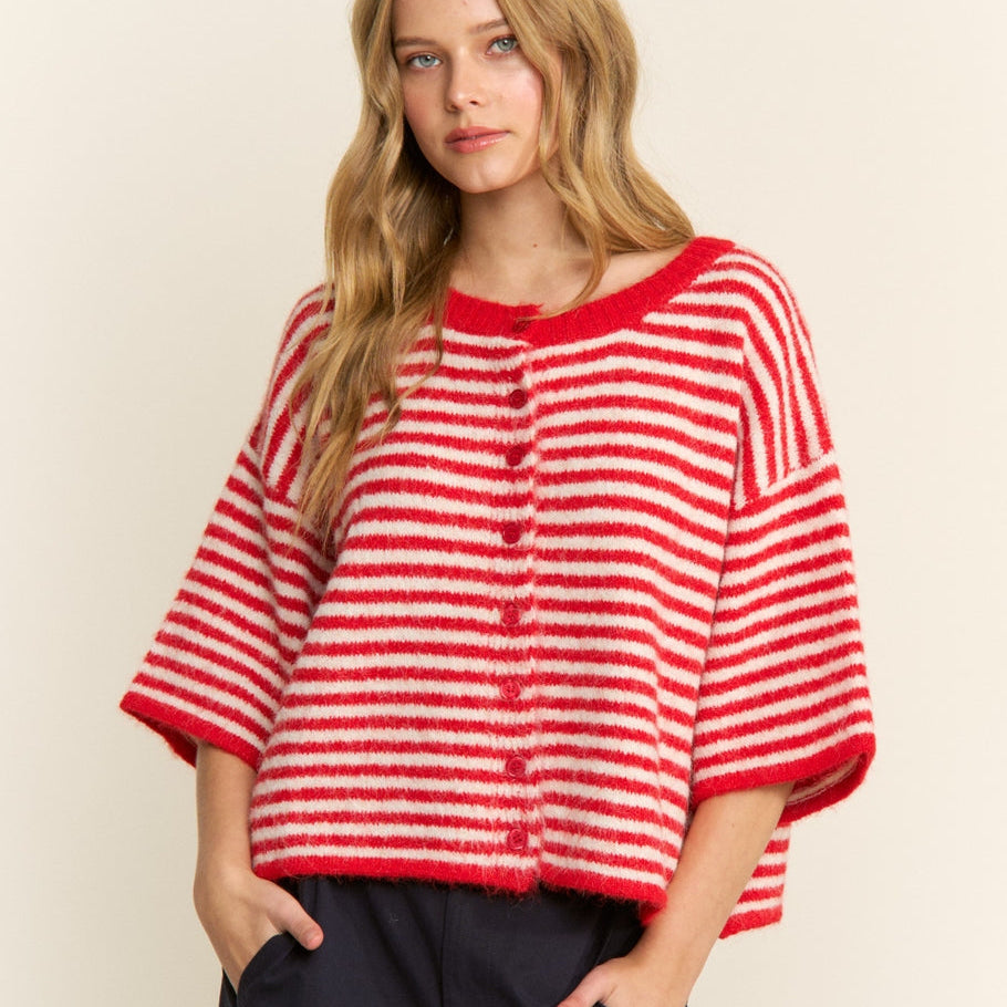 Red and white striped oversized short sleeve boxy silhouette cardigan.