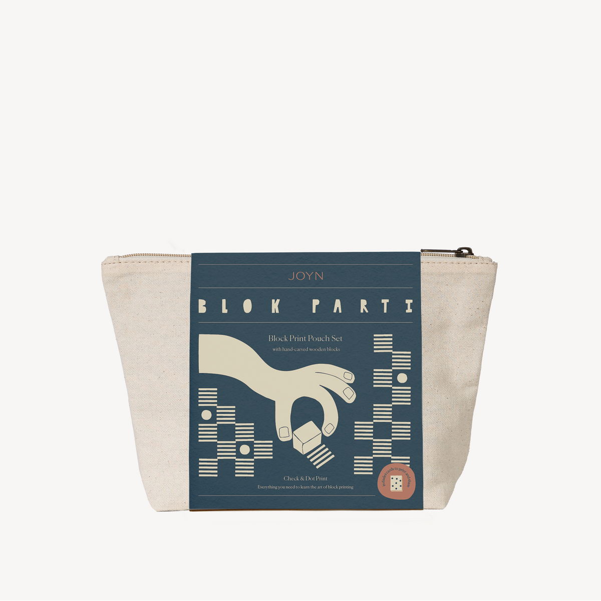 Block Printing Pouch Kit - Check & Dot Print | Hand-Carved Wood Blocks + Canvas Zip Pouch