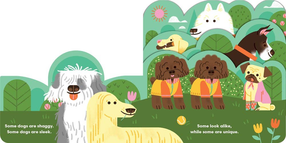 An ode to the wonderful diversity of dogs (and their owners), this colorful, chunky board book is work of art meant to be displayed face-out on nursery bookshelves. Finalist, 2023 CYBILS Awards (Board Books) Some dogs are slender. Some dogs are round. Some dogs are leggy, some close to the ground. The dogs in this bright, playful board book come in all shapes, colors, and sizes—but they don’t let their differences keep them from having fun together.