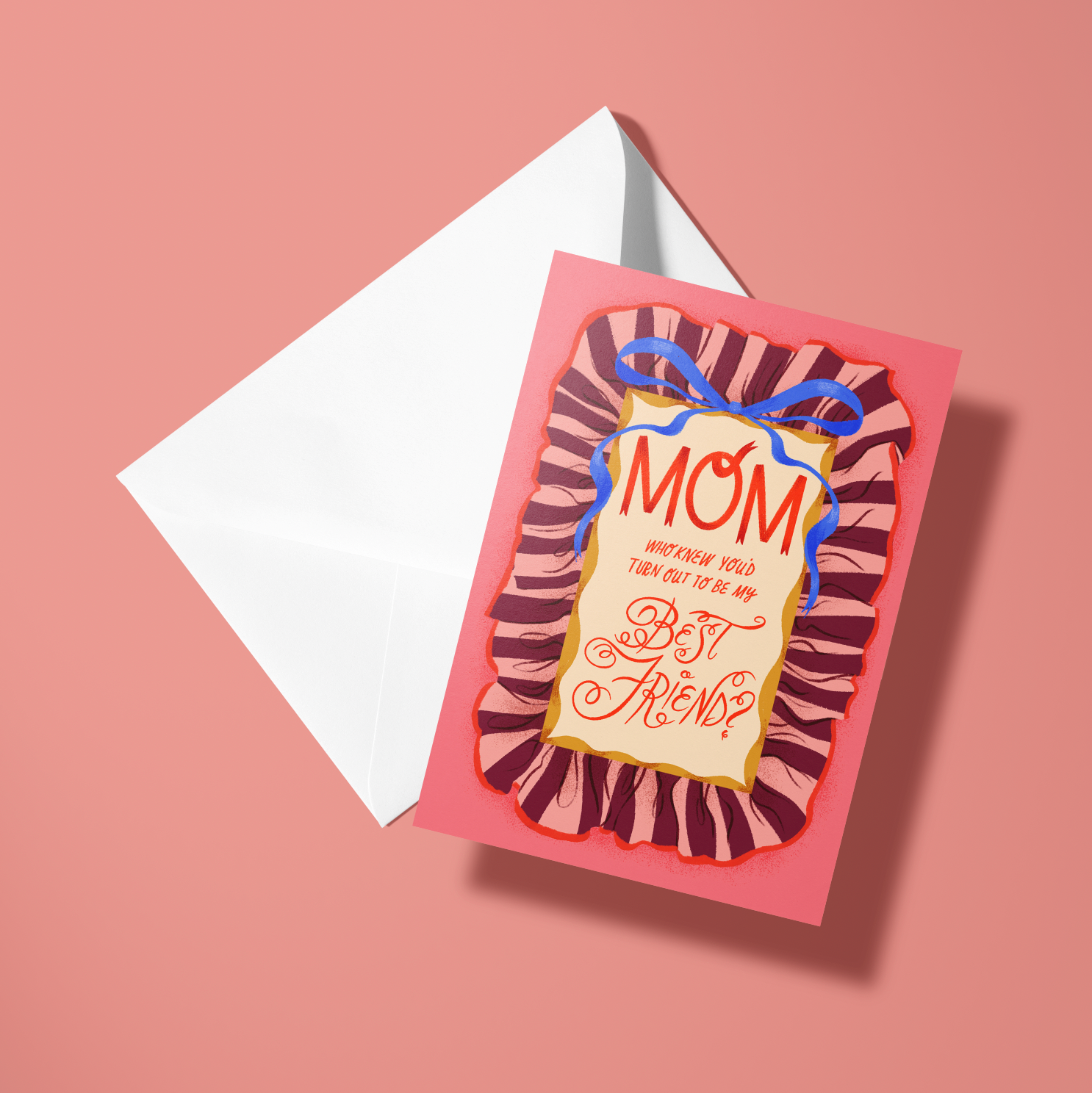Greeting card with 'Mom, best friend' text on a pink background