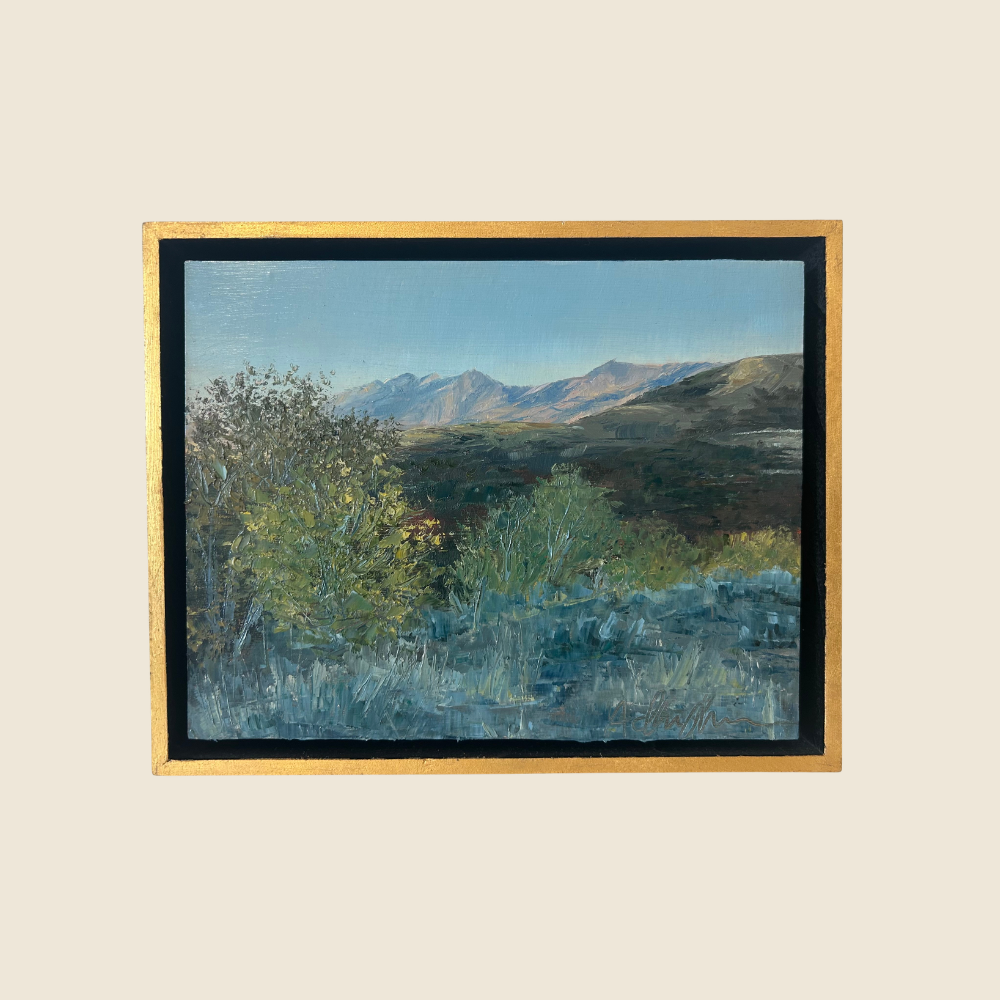 Original Landscape Painting of the mountain views of the Bonneville Shoreline Trail. Cool blue sage brush in the foreground. Clear Blue skies.