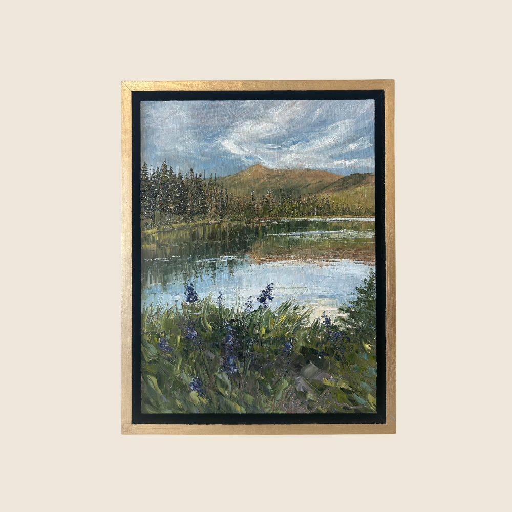 Original Landscape painting of Silver Lake during the Golden Hour. Mountain. Lupine in the foreground, with the mountains and pine trees in the background and reflected on the cool waters of Silver Lake.