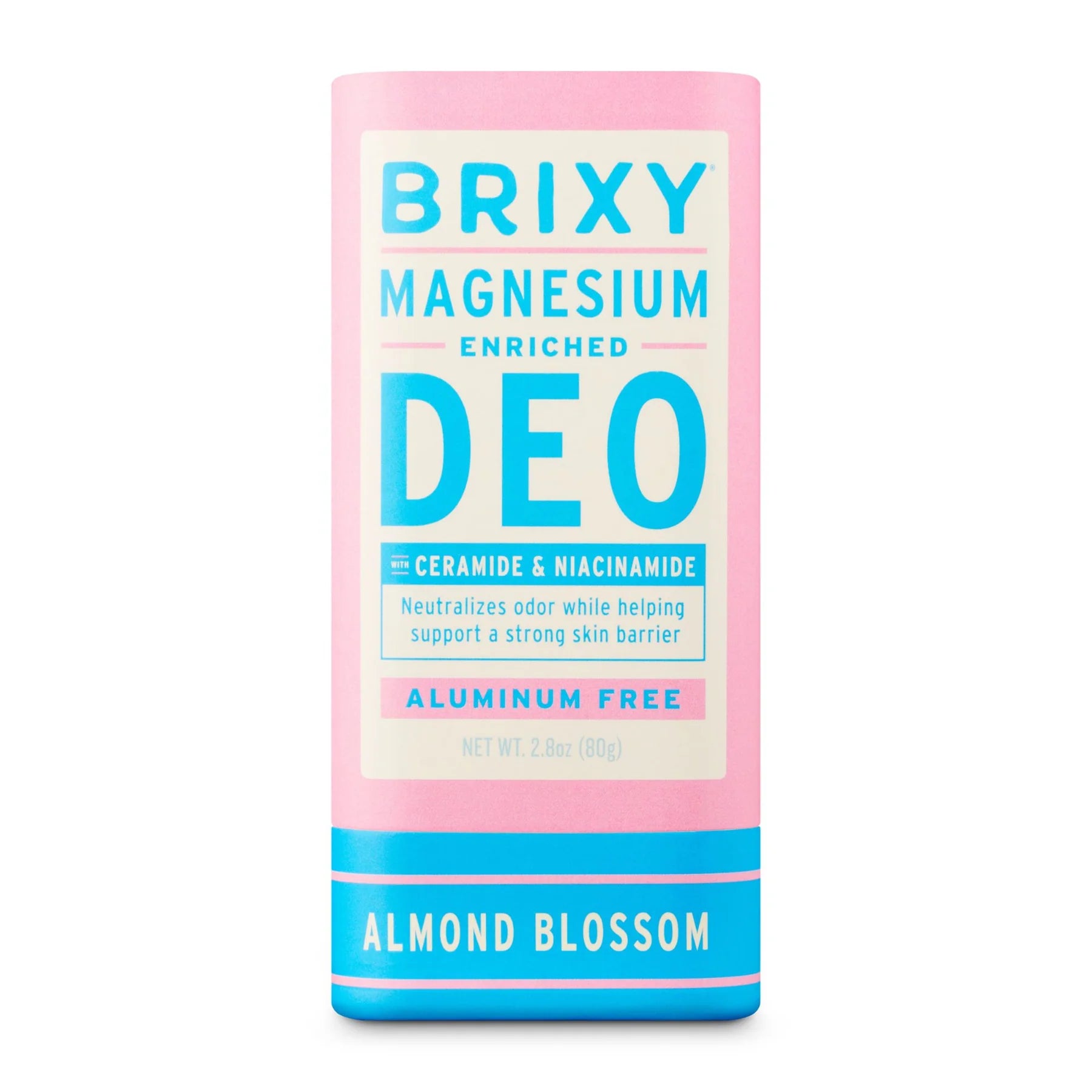 A baby pink and blue stick of BRIXY Magnesium-Enriched Deodorant labeled "Almond Blossom" stands upright with bold, modern typography. The packaging highlights features like being aluminum-free and enriched with ceramide and niacinamide to support skin health and neutralize odor.