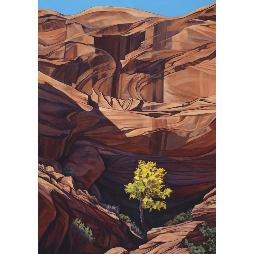 Artistic depiction of a desert landscape with a prominent tree and rocky formations. Defiance Print
