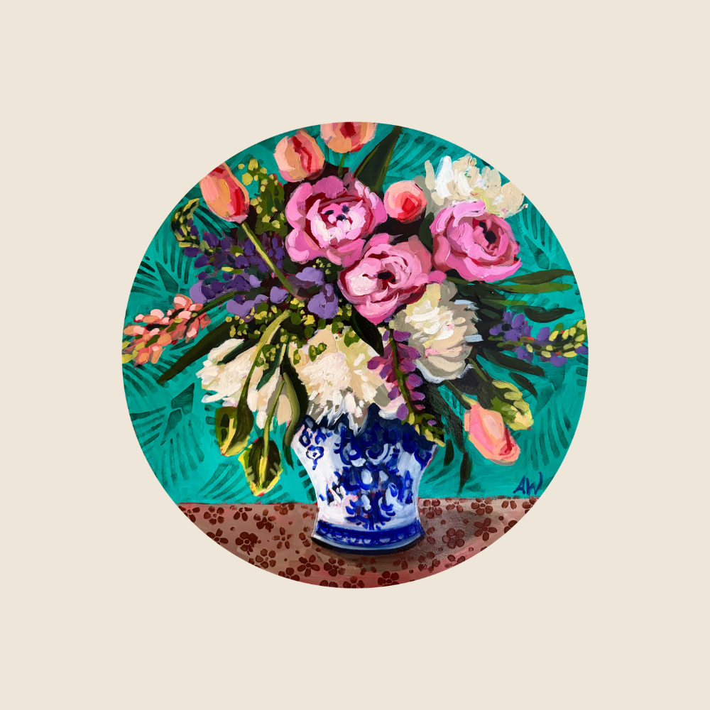 Original Oil Painting - Floral Arrangement in Blue & White Vase, Teal wall background with maroon floral tablecloth. Flowers are a mix of pink roses, white peonies, peach rose buds, and leaves.