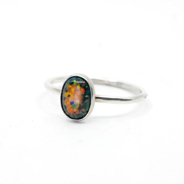 Black Opal Oval Ring in Silver