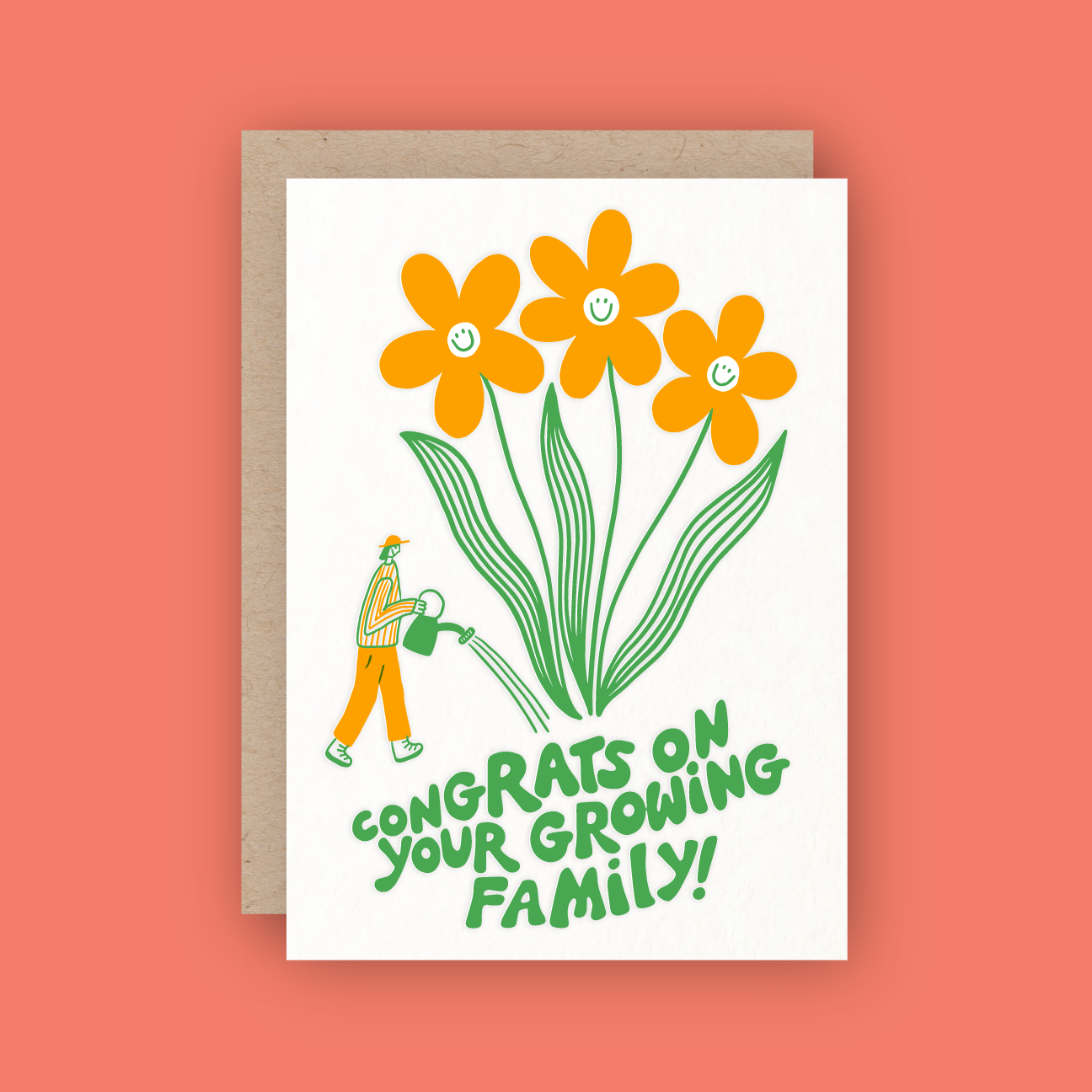 white card with orange flowers and someone watering them, reading "congrats on your growing family"