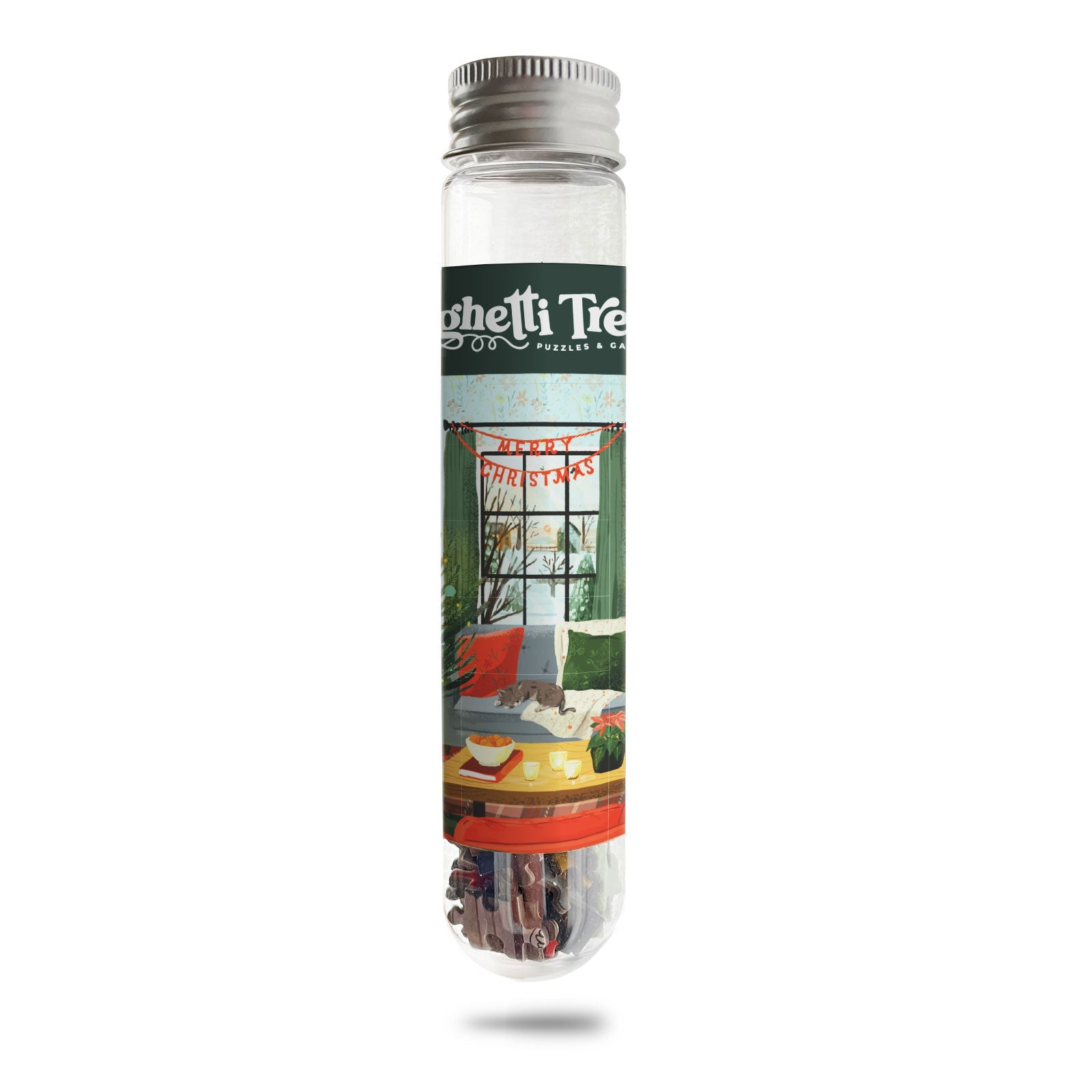 Small plastic tube with label depicting a cozy interior Christmas scene. Pictured against a white background.