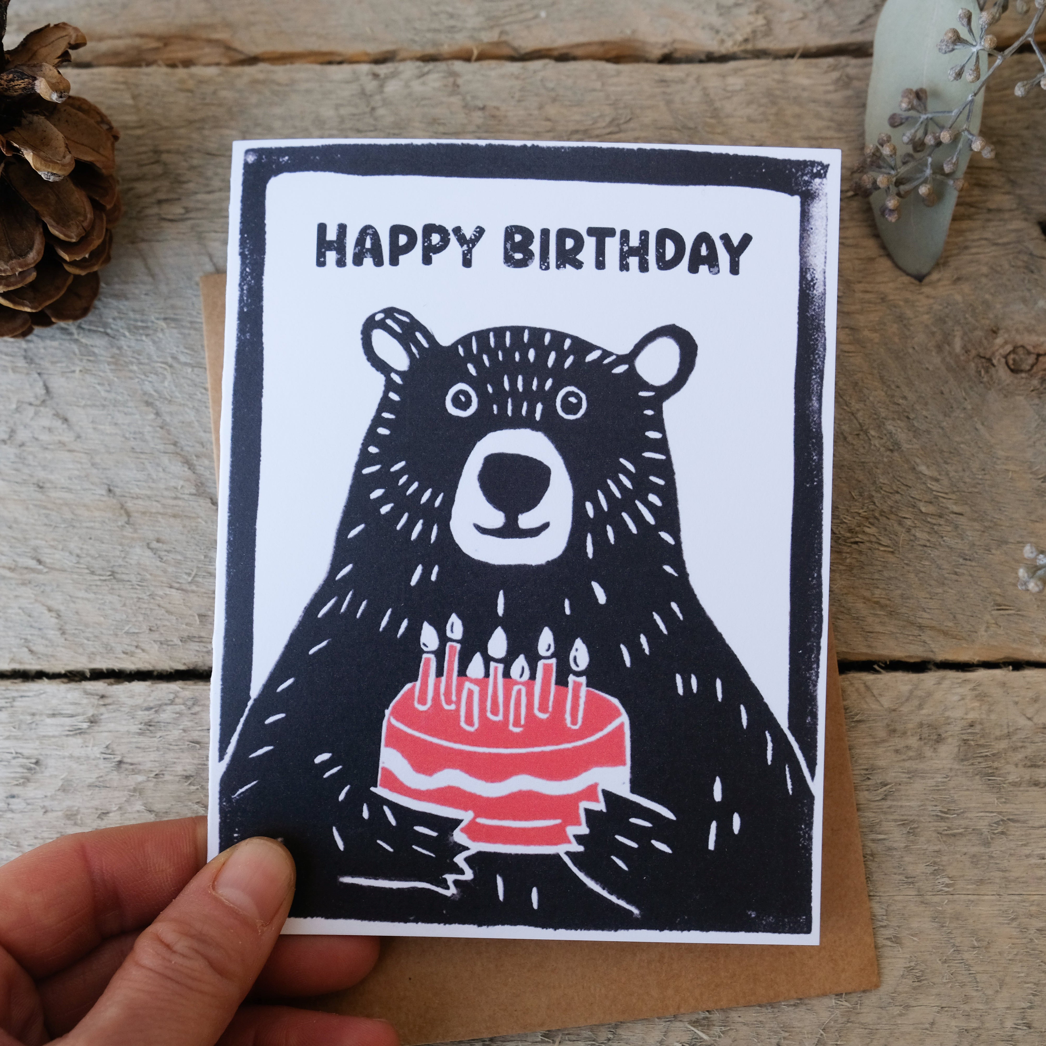 Linocut birthday bear card printed on A2 Cards