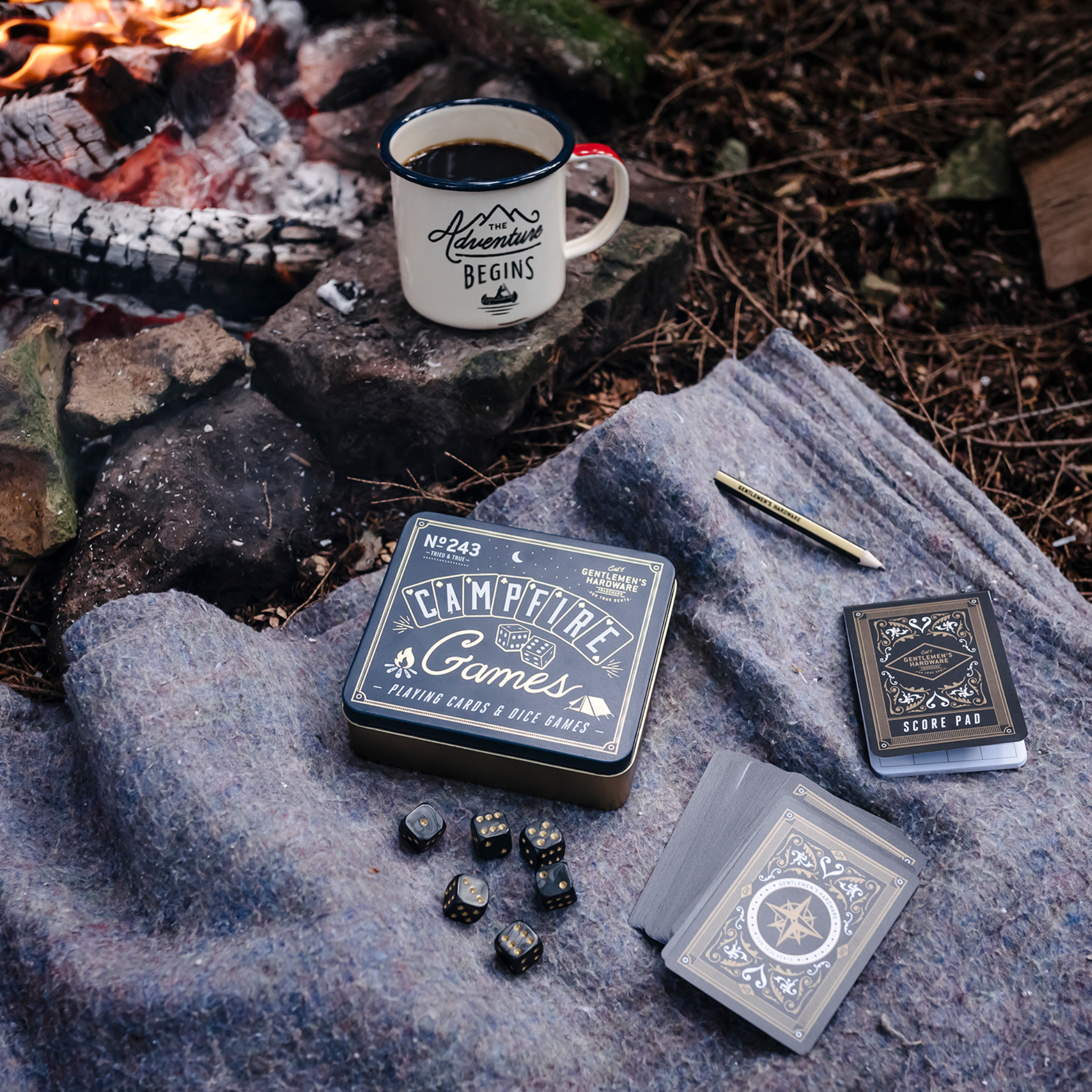 Grab those marshmallows and have some fun around the fire with this Gentlemen's Hardware Campfire Games set. Including a deck of all-weather waterproof playing cards, six dice, a score pad and a pencil. Stowed in a compact, transportable tin with full instructions for three games, the set would make a great addition to any camping trip, fishing excursion, outdoor adventure.