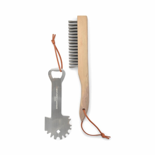 Up your grilling game with this BBQ Care Kit. Complete with grill scraper and wire brush, this set gives you the tools you need to maintain your outdoor BBQ. Keep things tidy with convenient hanging loops and even pop a bottle with the bottle opener on the end of the stainless steel grill scraper.