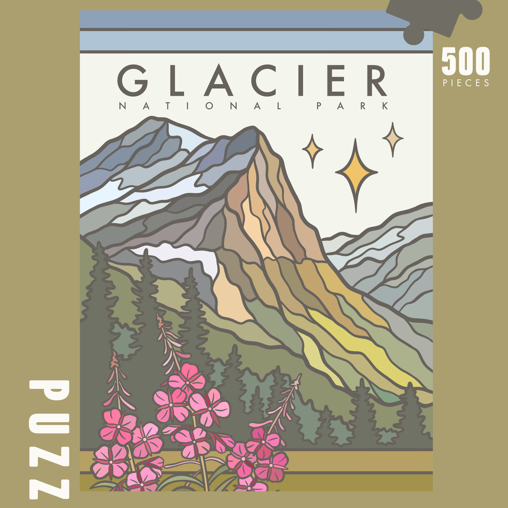 Picture of box puzzle comes in, showing full picture of puzzle design. Features a glacier mountain in greens and icy browns and greys, with pines and sweet pink mountain flowers at the bottom border.