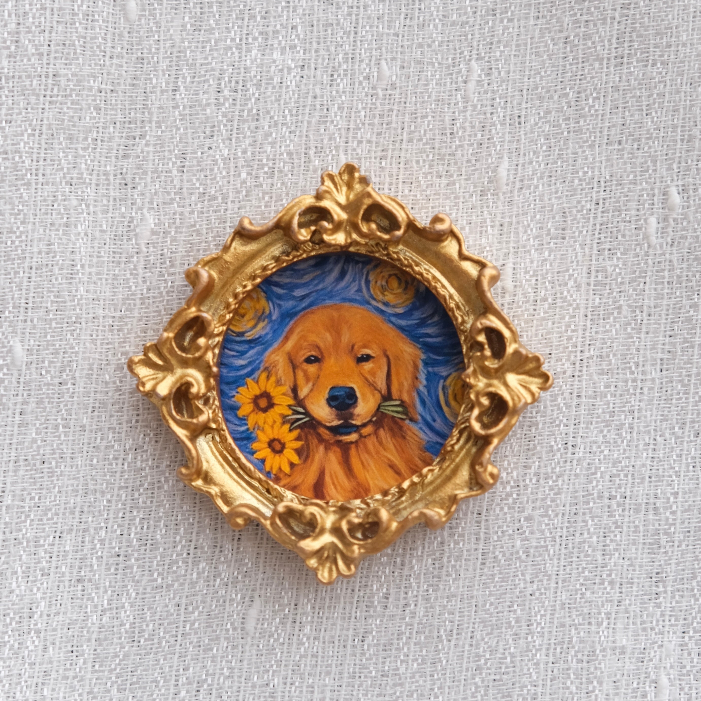 A mini framed art magnet of a golden retriever in a dreamy, starry night style.