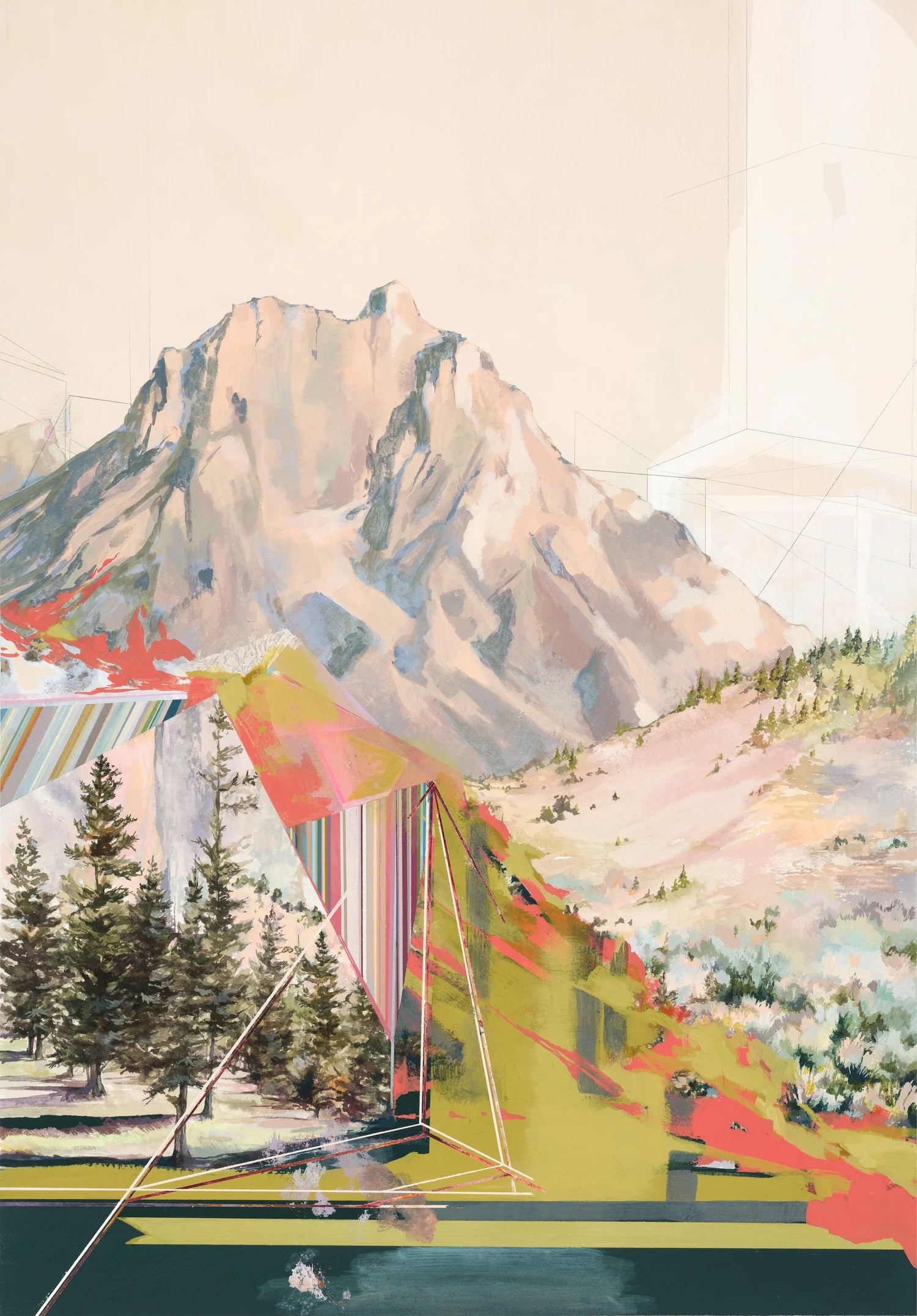 large rough done in beiges pinks and grey looms in the back with trees and shrubs in the forefront. Abstract lines and use of color.