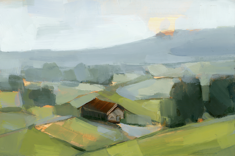 A brown cabin amidst rolling green fields. The sky is gold and blue and there are clumps of big trees.