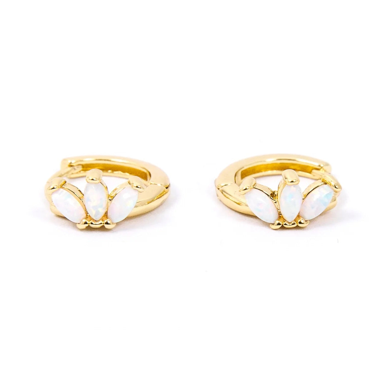 delicate opal and gold huggie earrings in front of white background The earring features a trio of marquise-shaped opals arranged in a fan or floral design, giving it a soft, feminine aesthetic with a subtle shimmer.