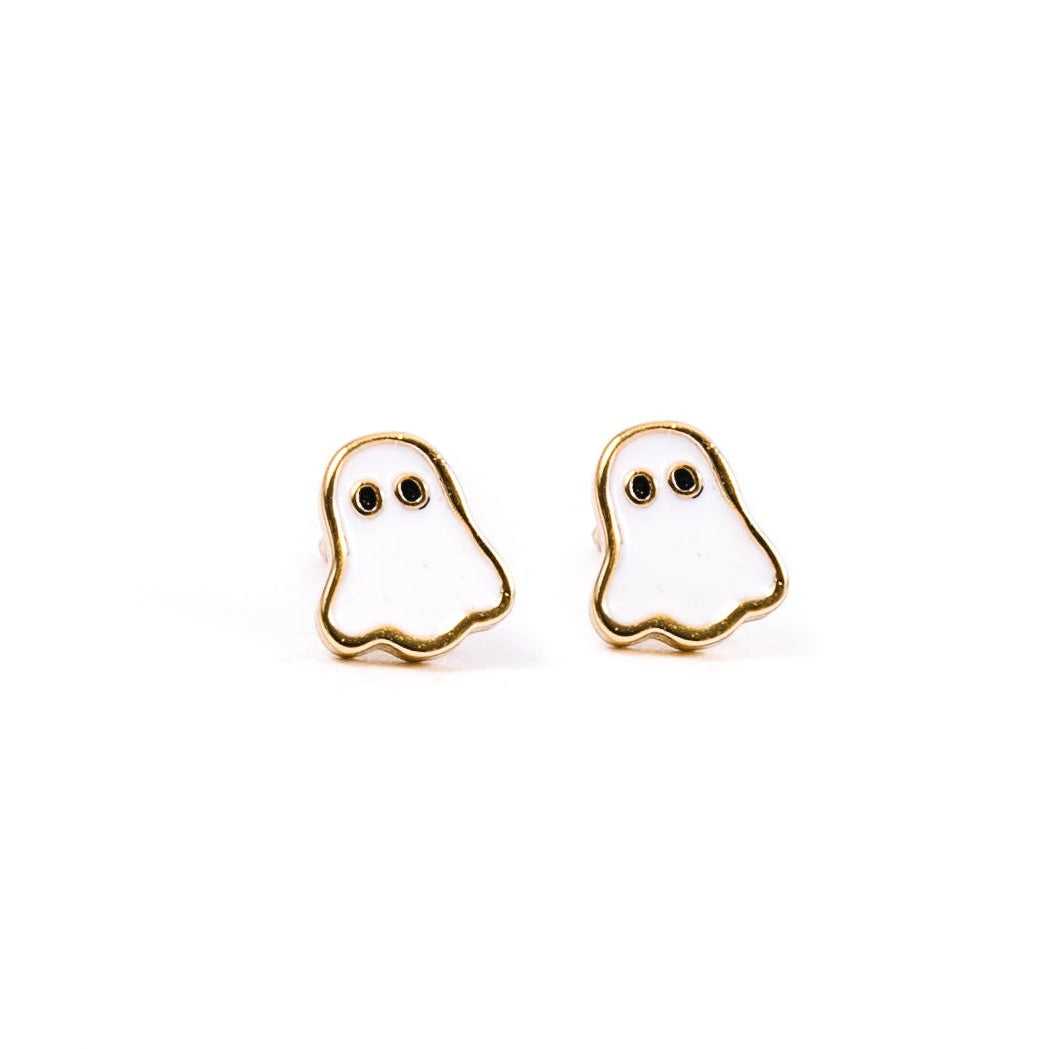 A pair of small white ghost-shaped stud earrings with gold-colored outlines and black eyes, displayed against a clean white background.