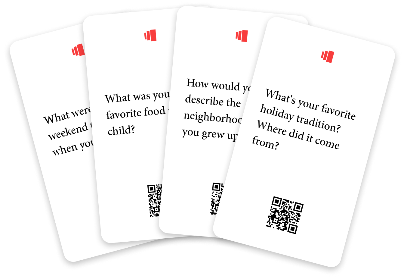 Unlock family stories you've never heard before with Storied Starter Cards—78 thoughtfully designed conversation prompts that make it easy to preserve precious memories before they're lost forever.