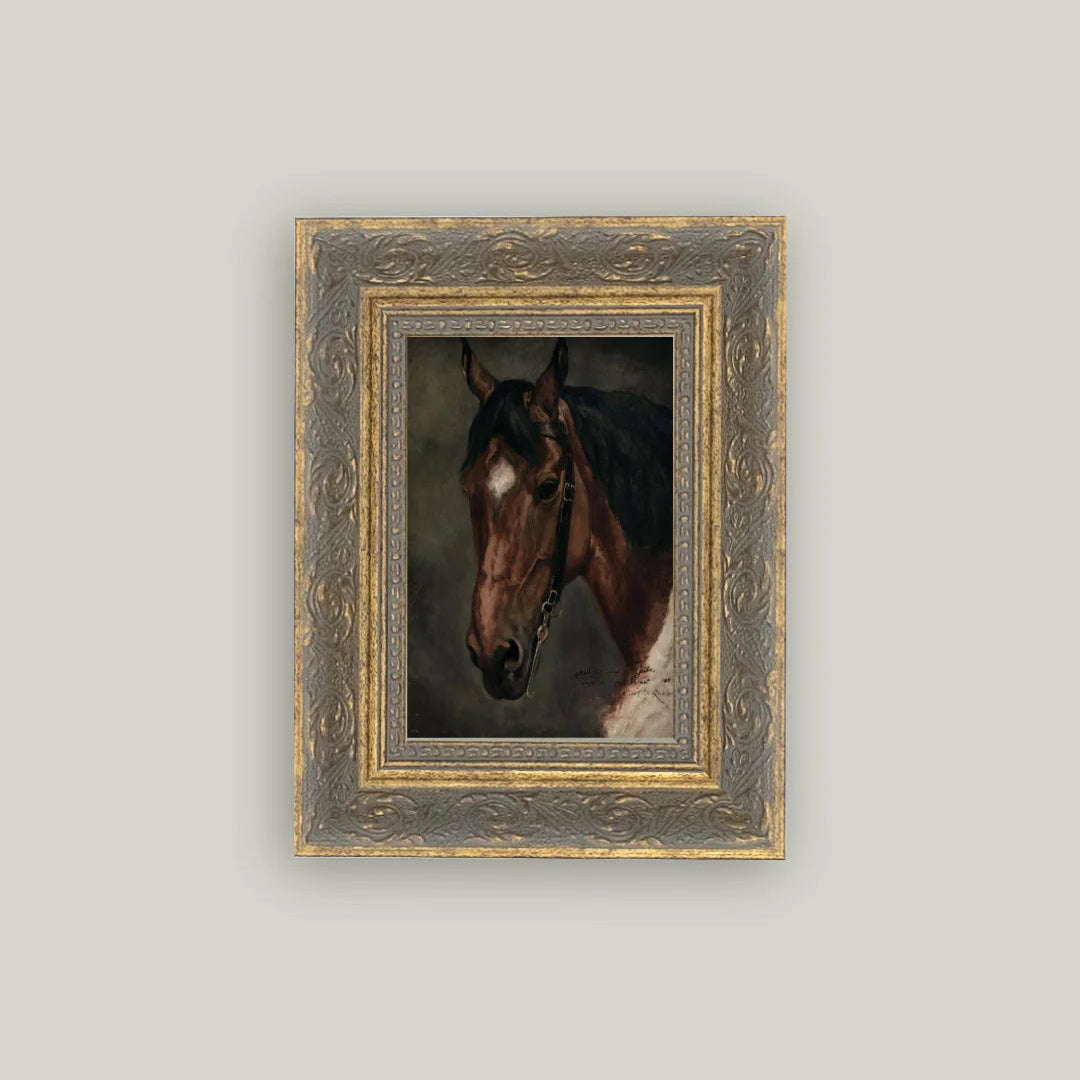 Portrait of a dark brown bay horse with white star on his forehead. He is wearing a dark leather bridle and has a black forelock and mane. He is framed in a silver and gold patina frame.